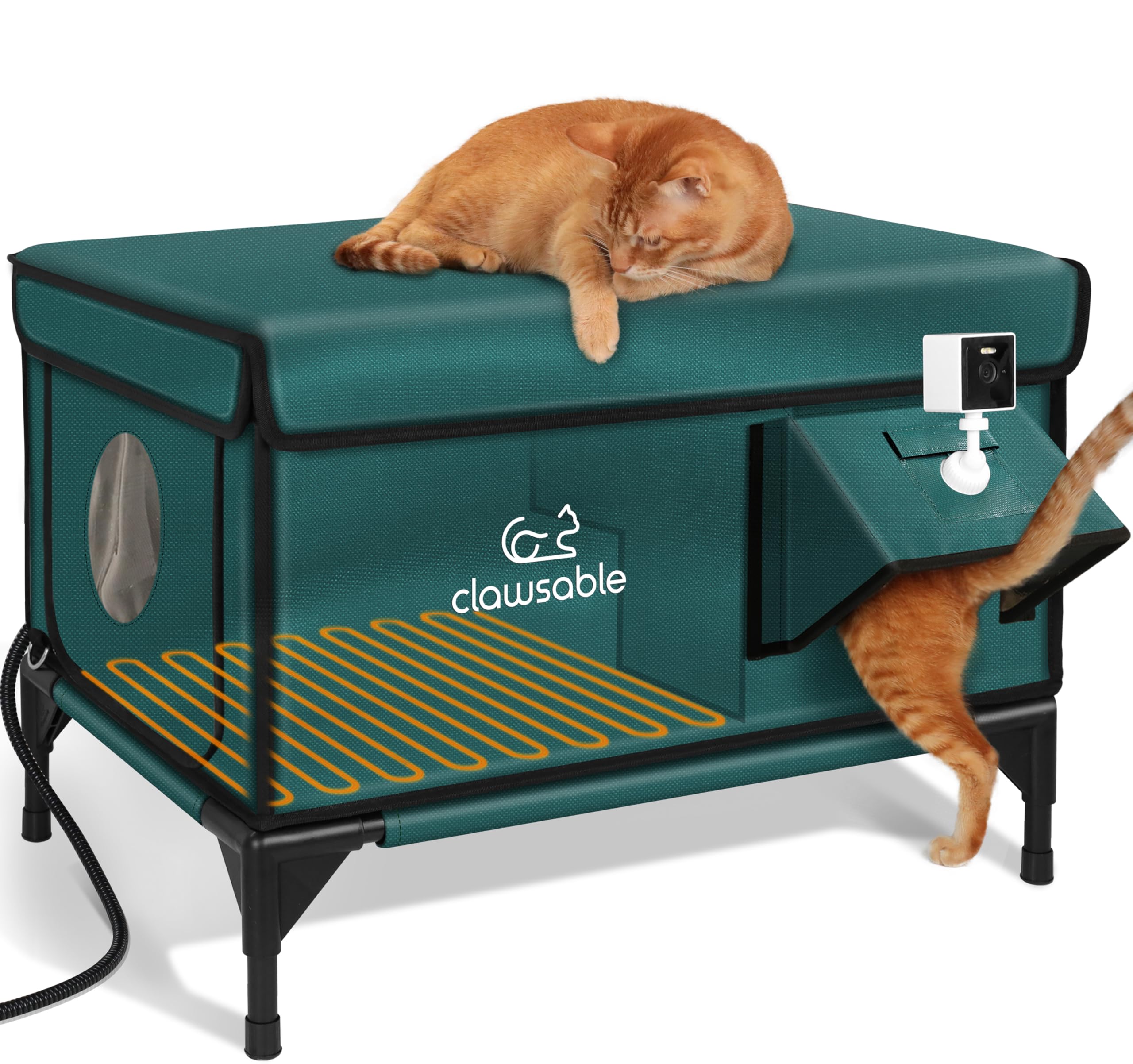 rolimate indestructible heated cat house with camera, forest green, weatherproof and monitor-ready