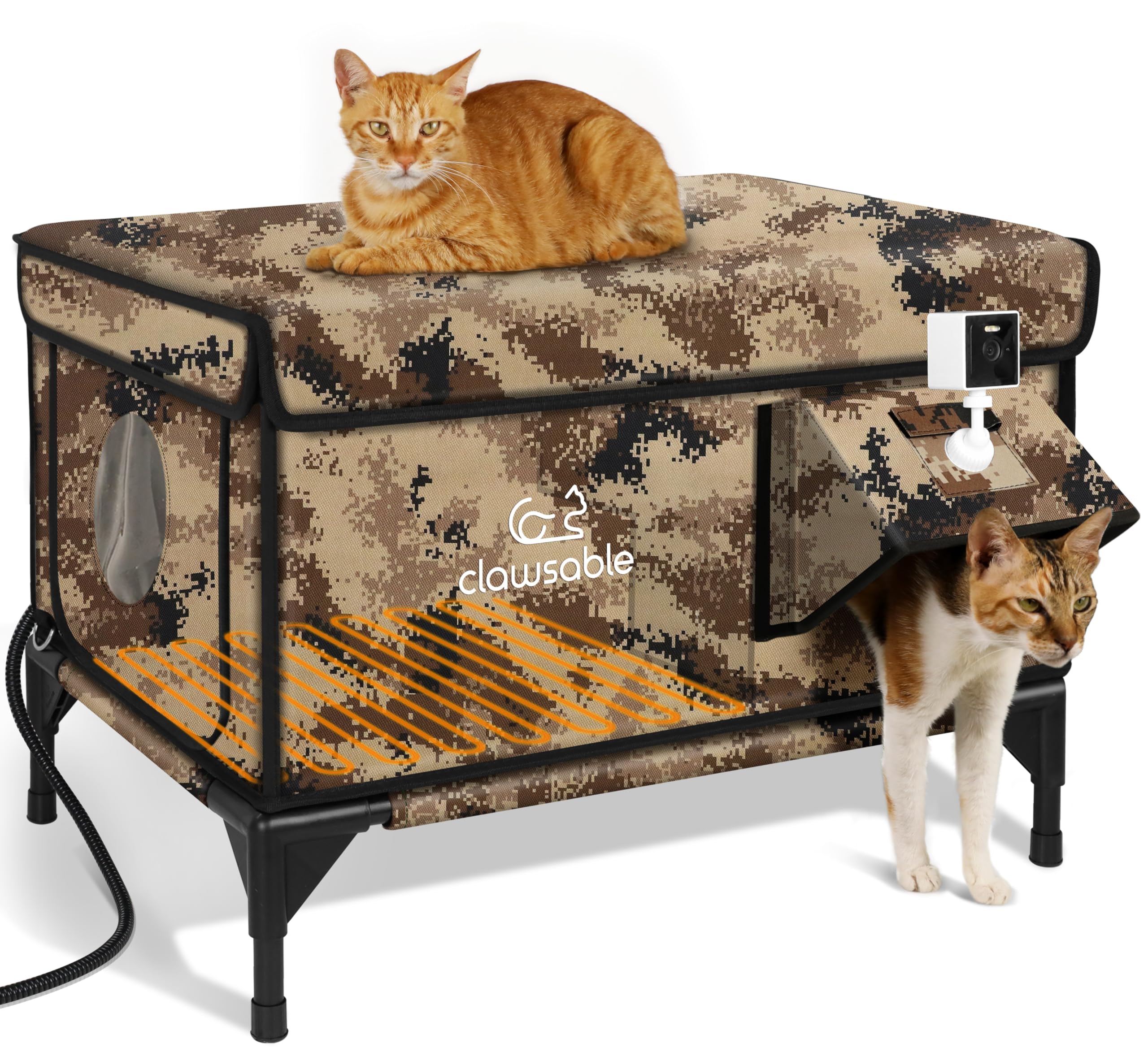 Rolimate indestructible heated cat house with desert camouflage and monitoring camera.