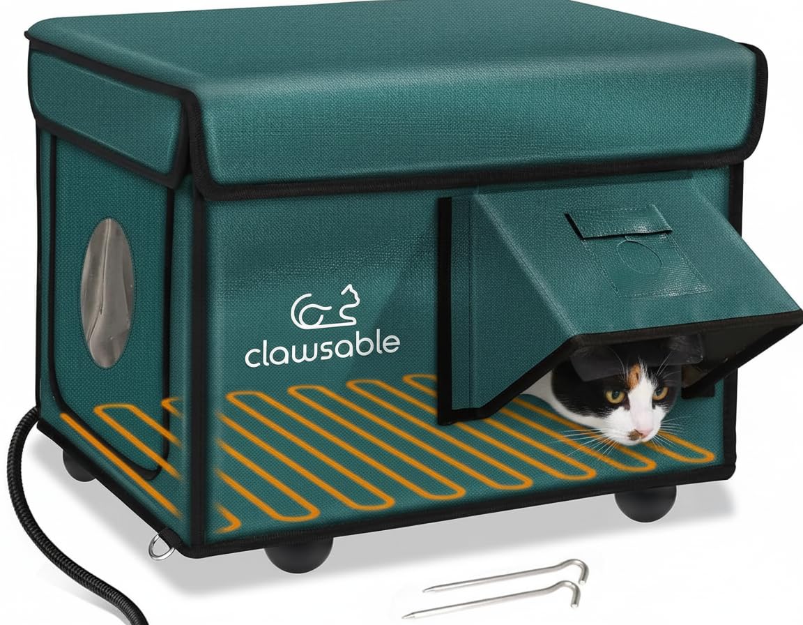Rolimate indestructible heated cat house forest green exterior for weatherproof warmth.