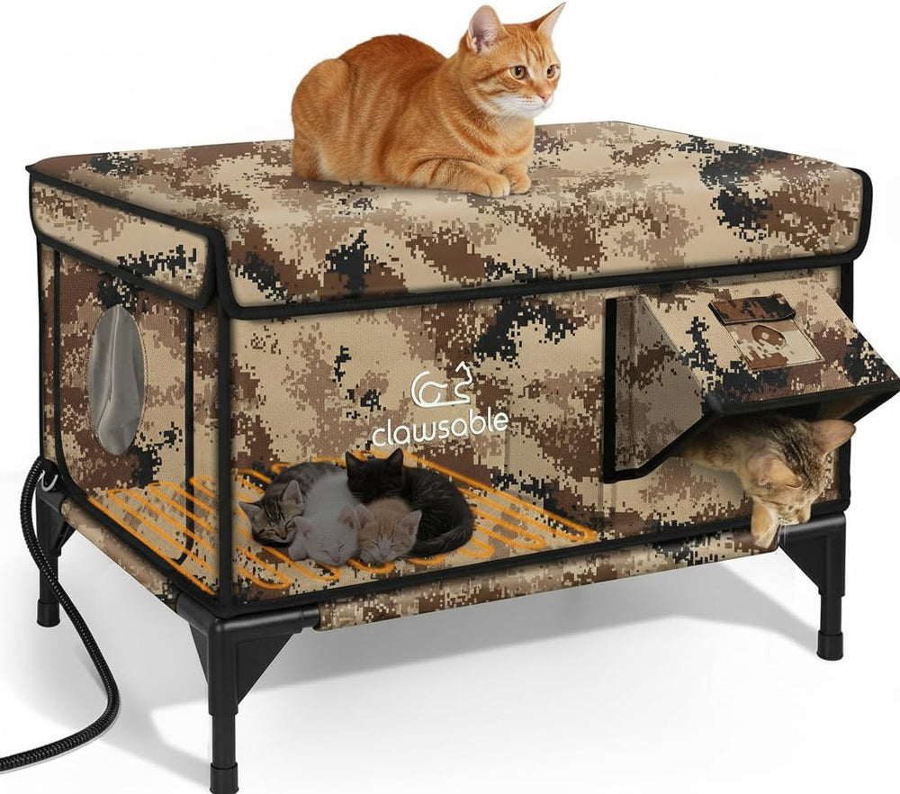 Rolimate indestructible heated cat house front view demonstrates durable outdoor shelter for winter safety.