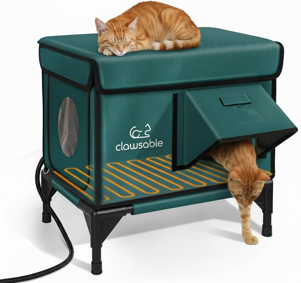 rolimate indestructible heated cat house exterior view showing forest-green shelter for winter warmth