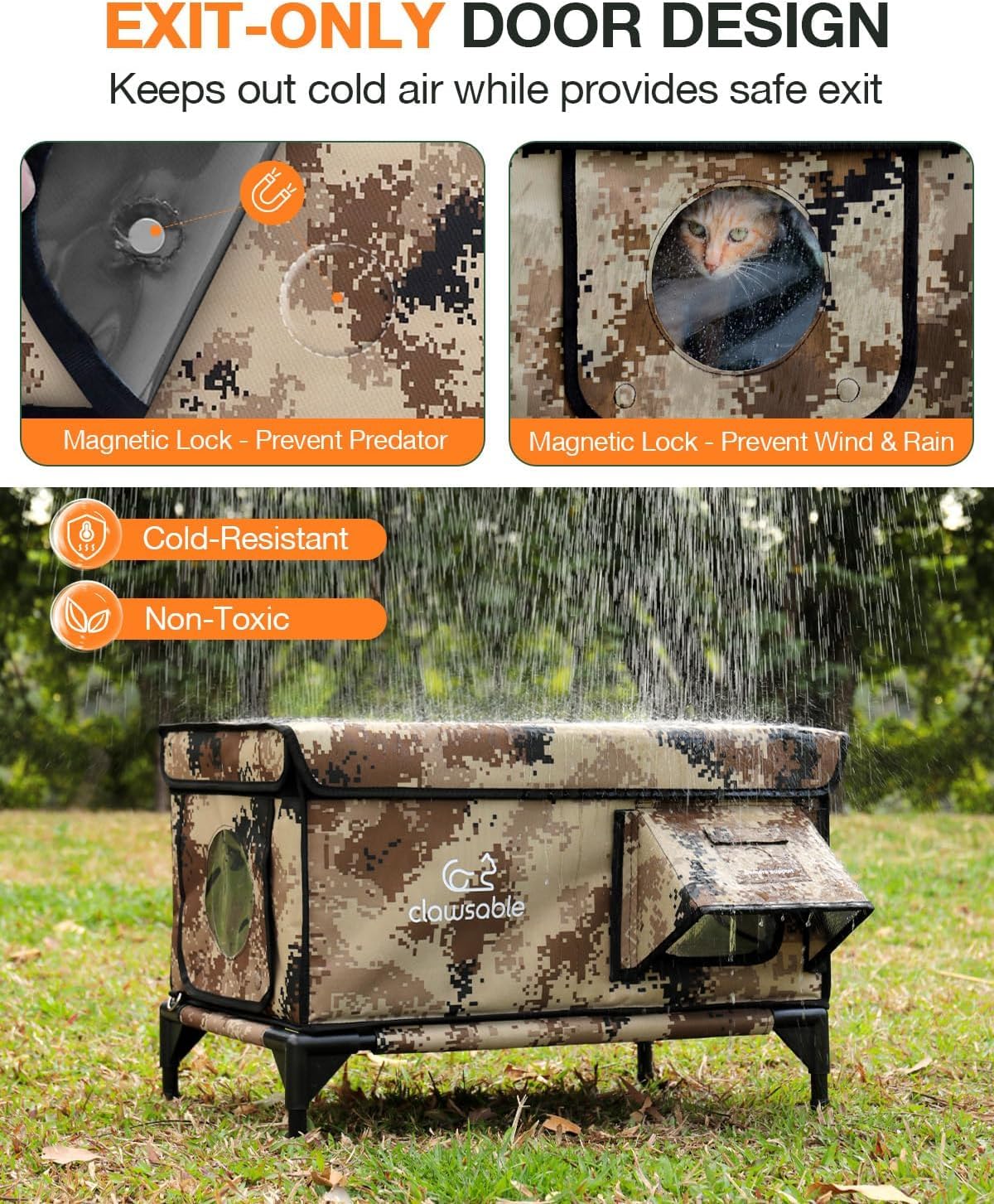 Rolimate indestructible heated cat house waterproof awning shields interior from rain and snow.