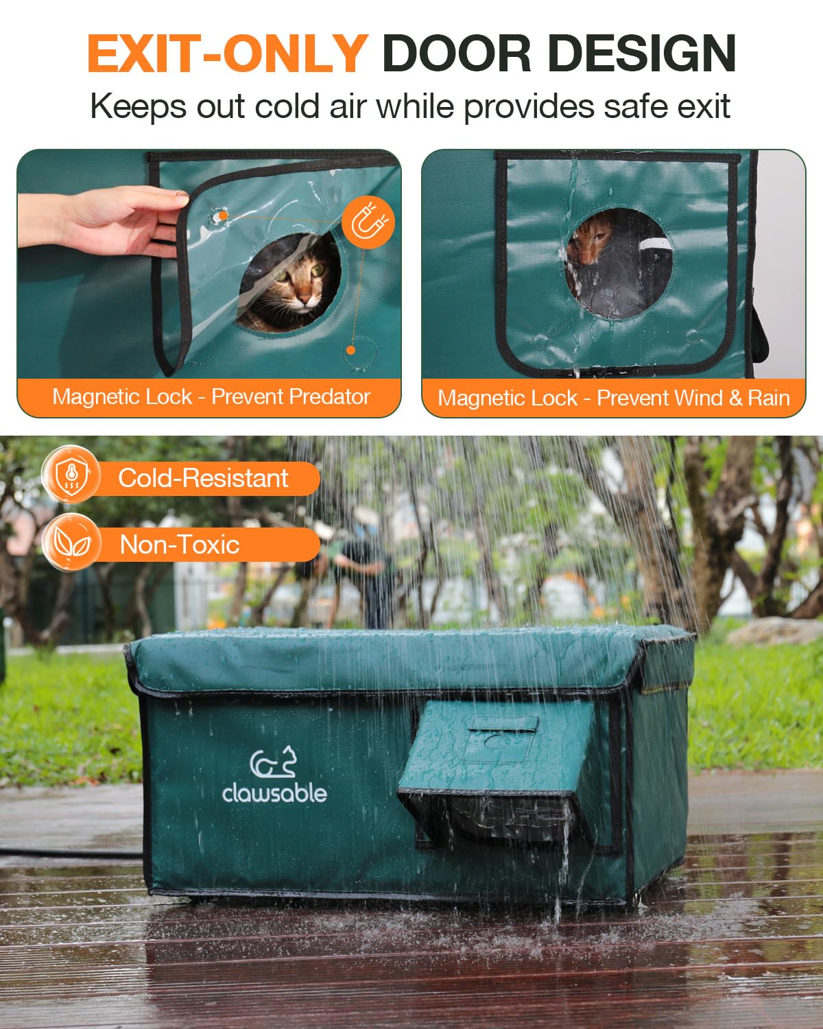 rolimate Indestructible Heated Cat House windproof awning protects against rain and cold.