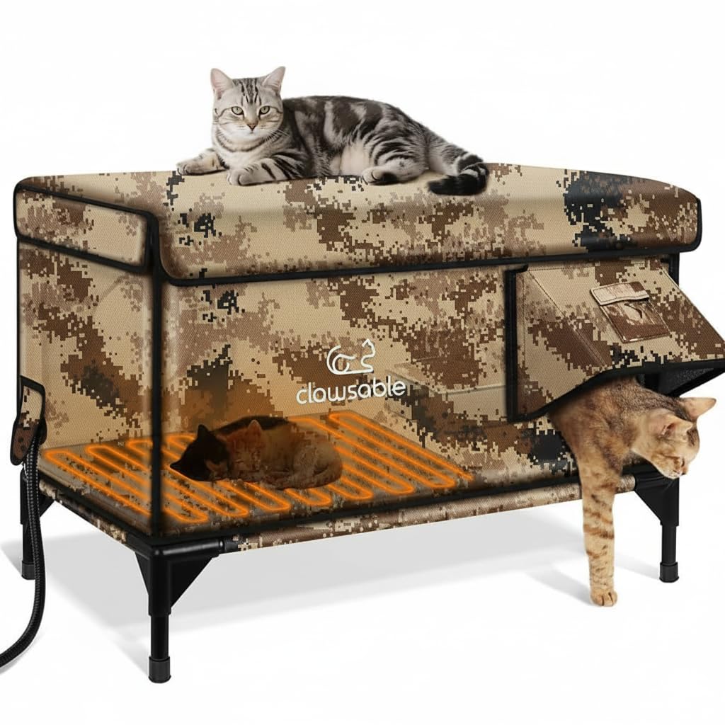 Rolimate indestructible x-large outdoor cat house exterior desert camouflage highlighting weatherproof design.