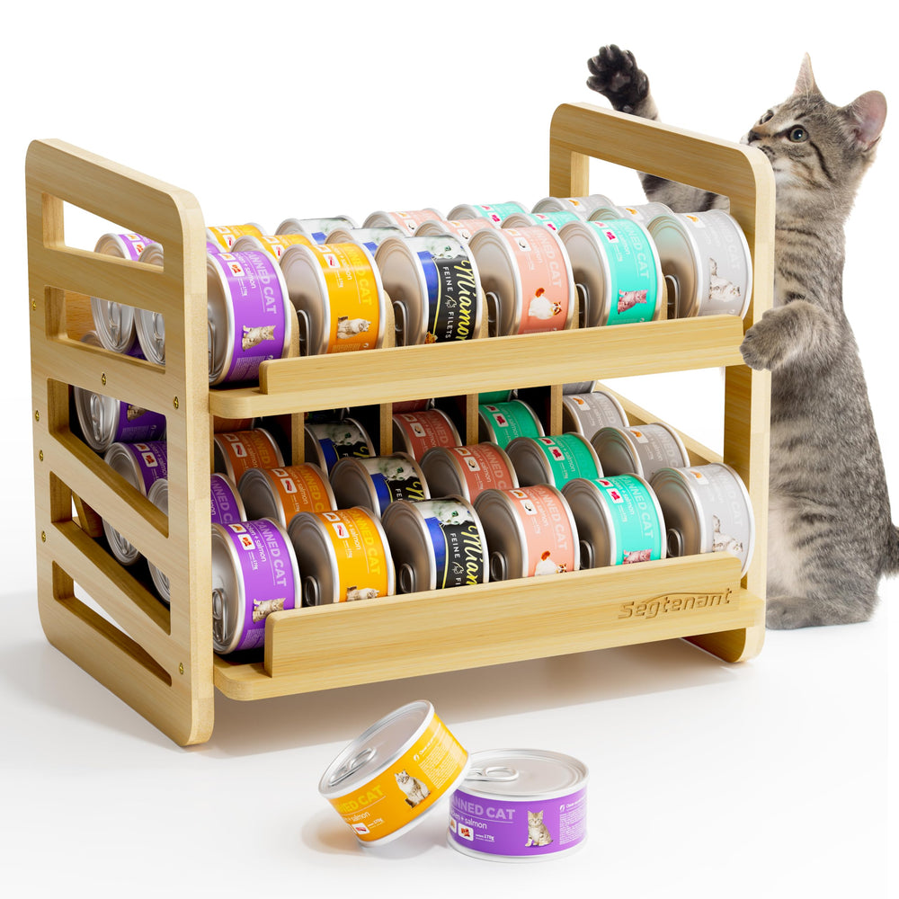 Rolling Bamboo Cat Food Can Organizer assembly view for quick access