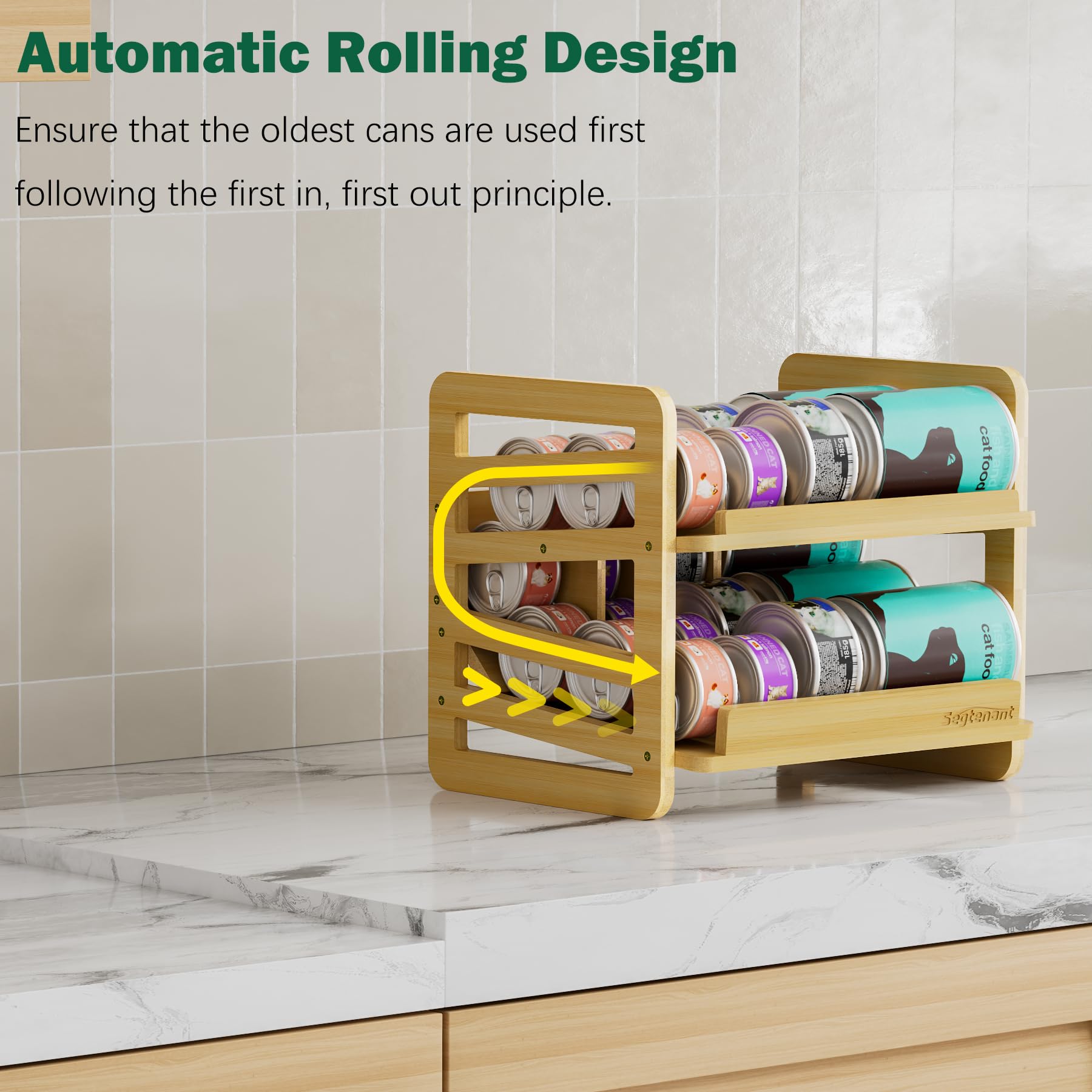 Rolling Bamboo Cat Food Can Organizer FIFO rotation enables easy access