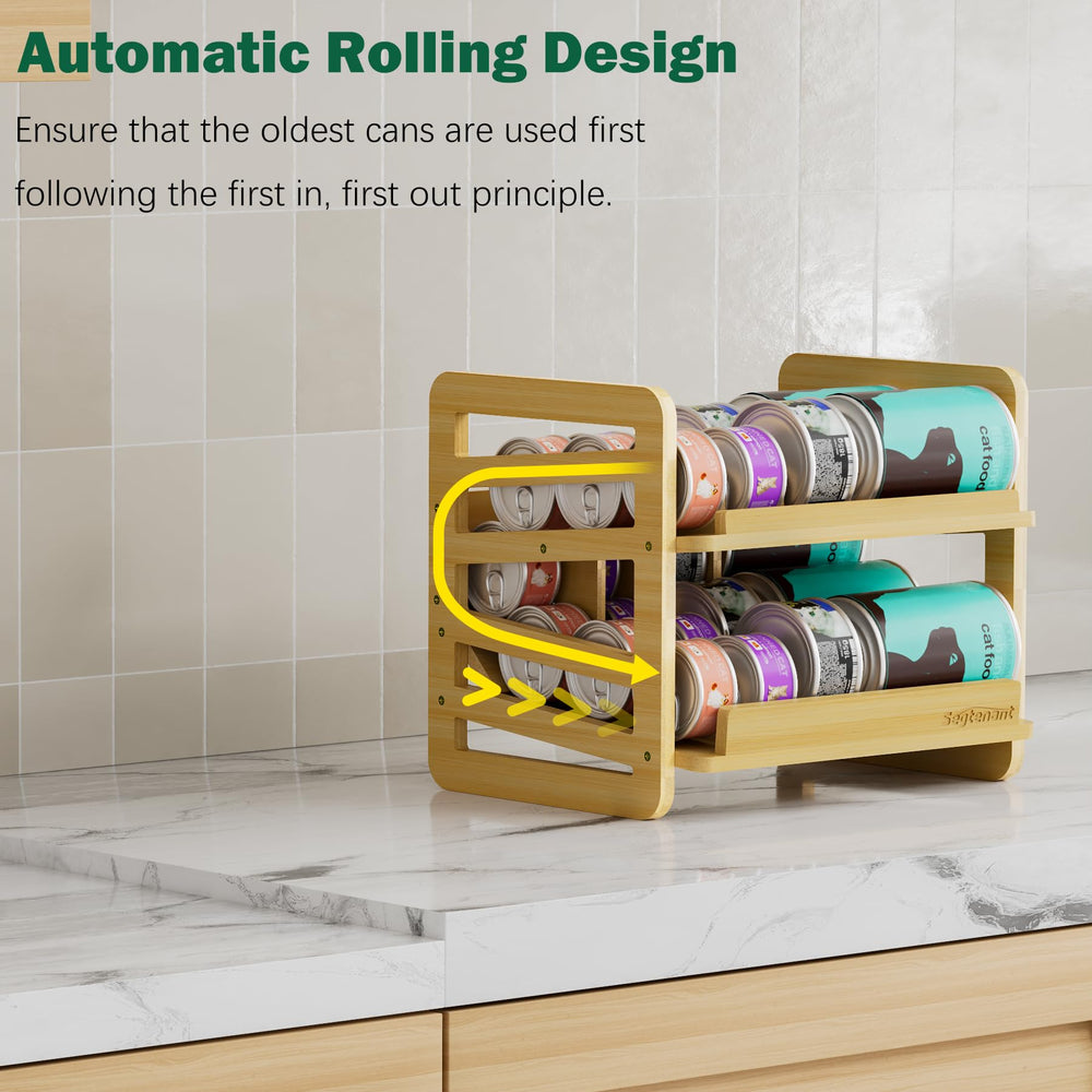 Rolling Bamboo Cat Food Can Organizer FIFO rotation enables easy access