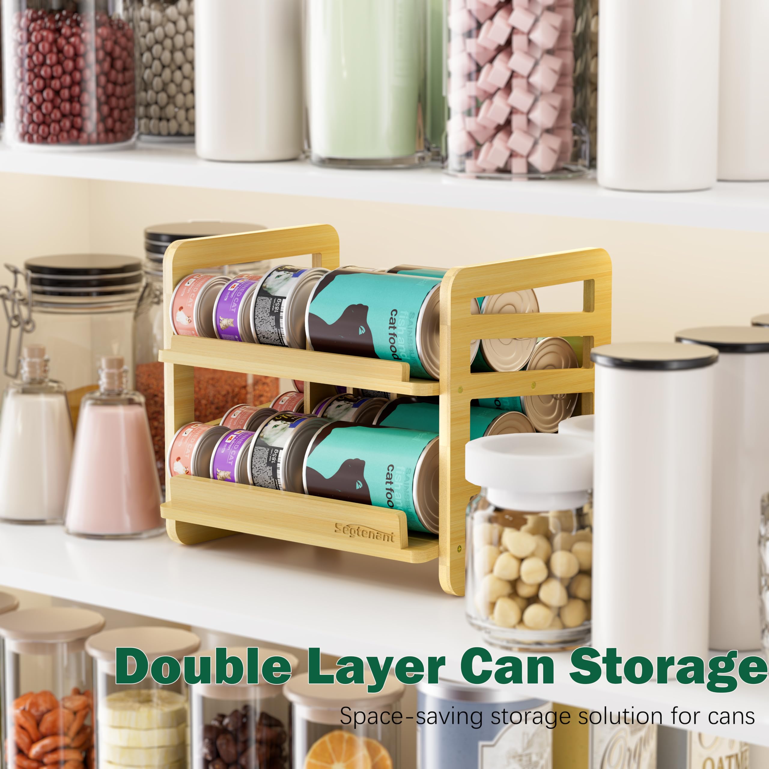 Rolling Bamboo Cat Food Can Organizer natural bamboo finish complements kitchens