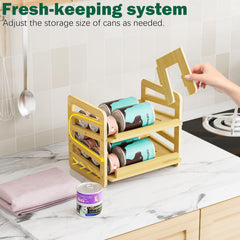 Rolling Bamboo Cat Food Can Organizer on countertop for everyday convenience