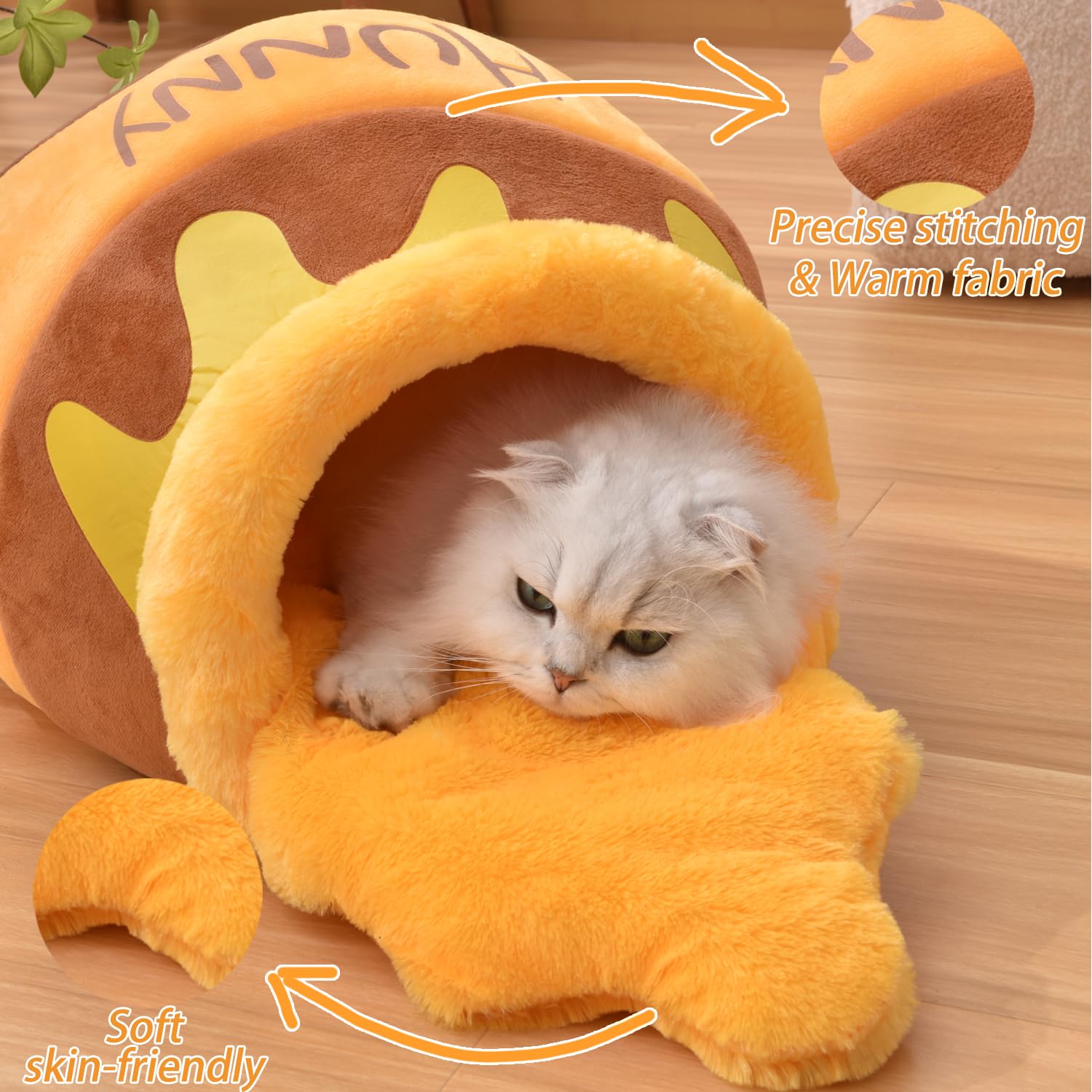 Romaneco Honey Pot Cat Cave Bed entry emphasizes easy access for small cats.