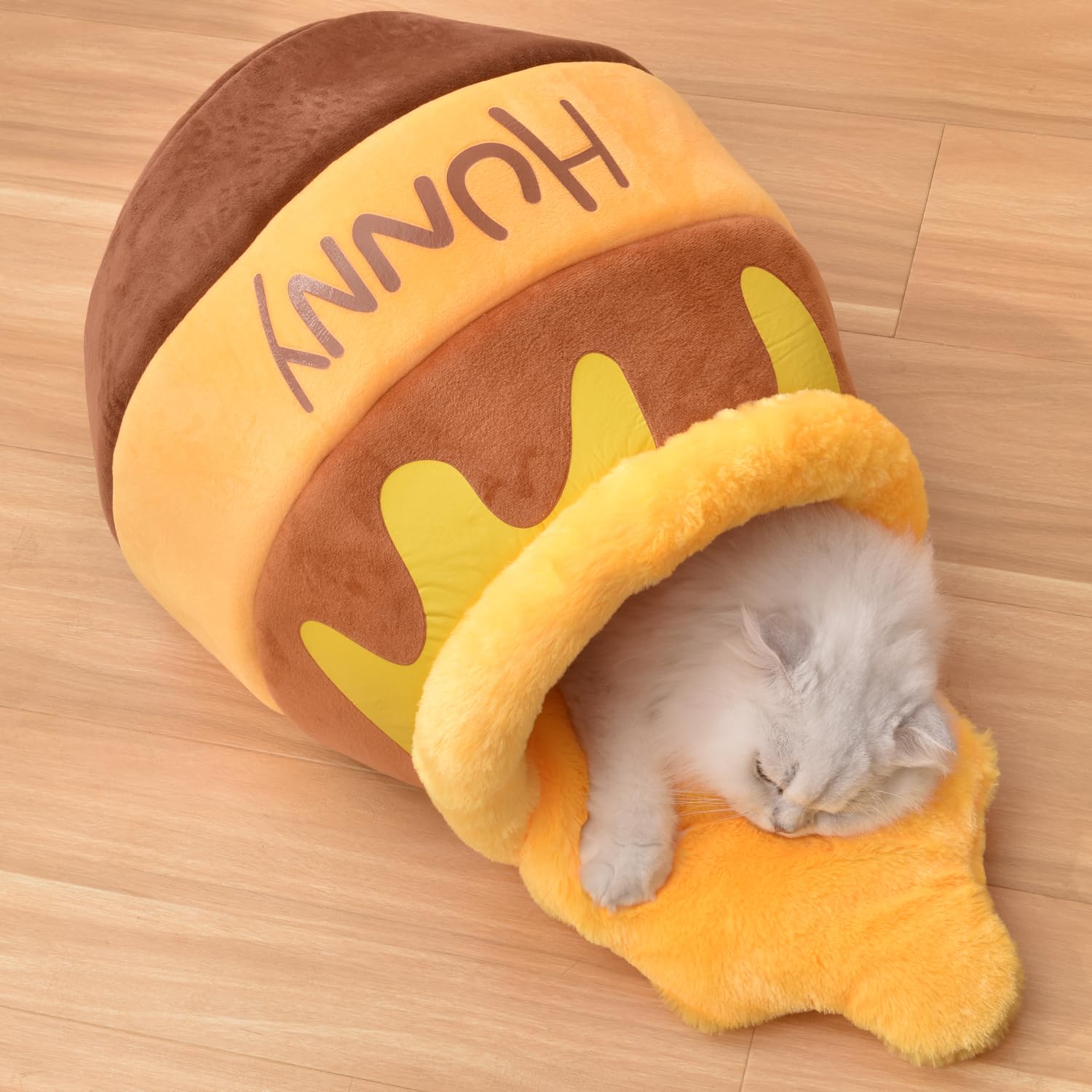 Romaneco Honey Pot Cat Cave Bed front view shows cozy, nap-ready hideaway.