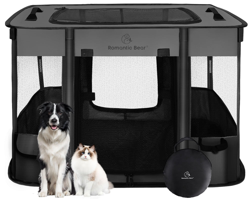 ROMANTIC BEAR dog playpen folded for compact transport and storage
