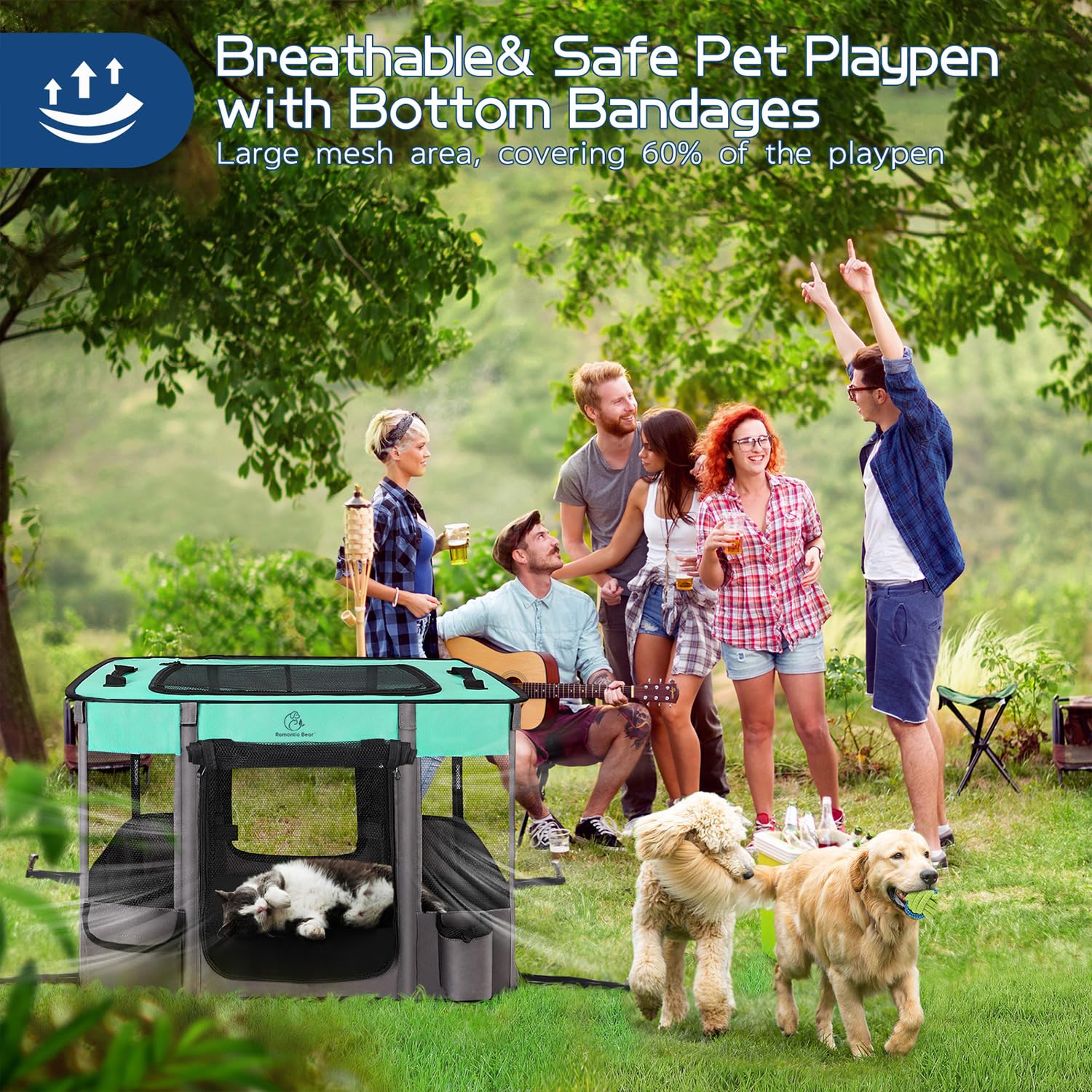ROMANTIC BEAR playpen water-resistant cover highlights protection during outdoor use.