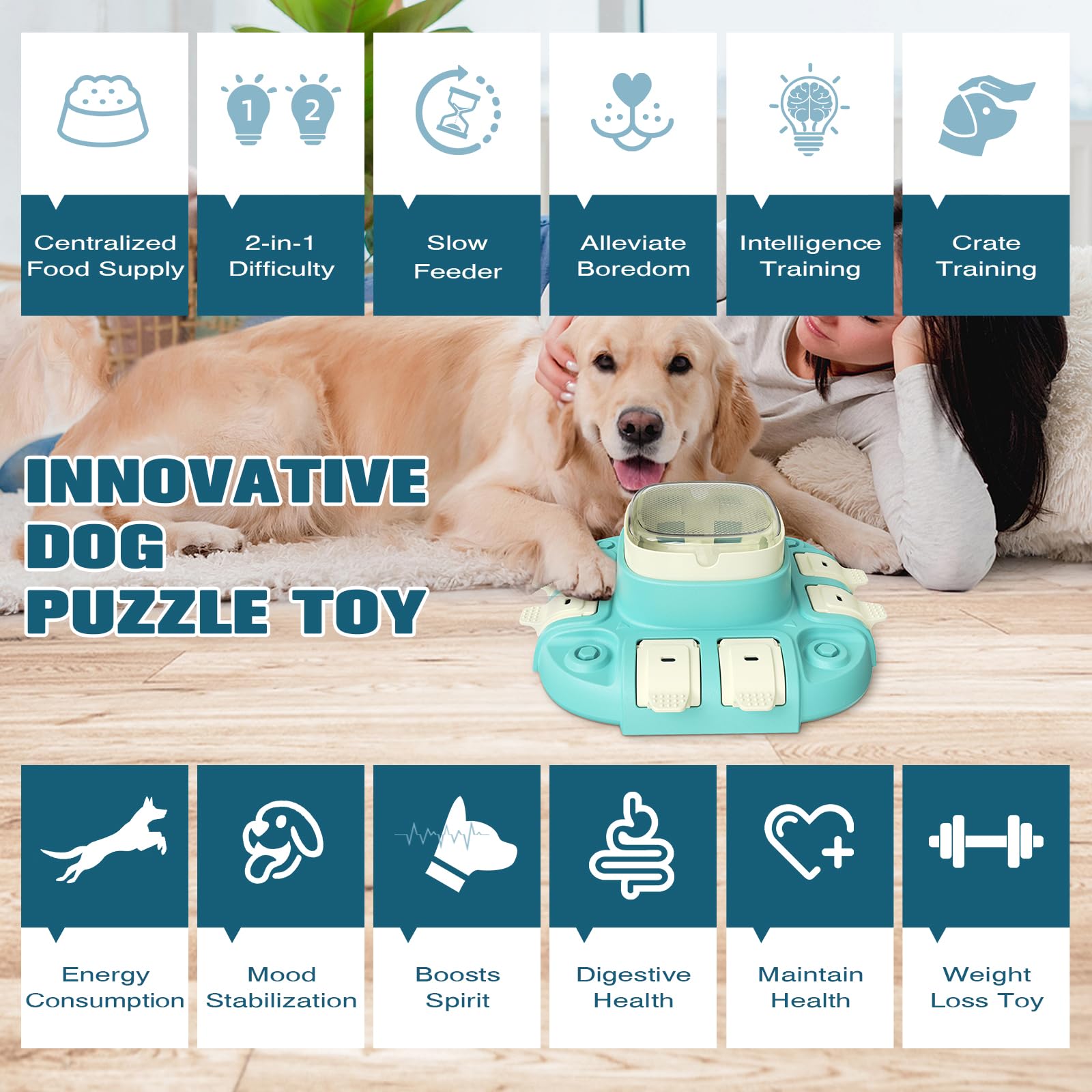 Romicta puzzle toy level-2: dog presses lids to reveal rewards and problem-solving.