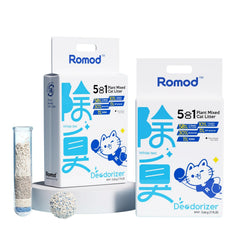 Romod 2Bags 5-in-1 tofu cat litter packaging highlighting eco-friendly materials.