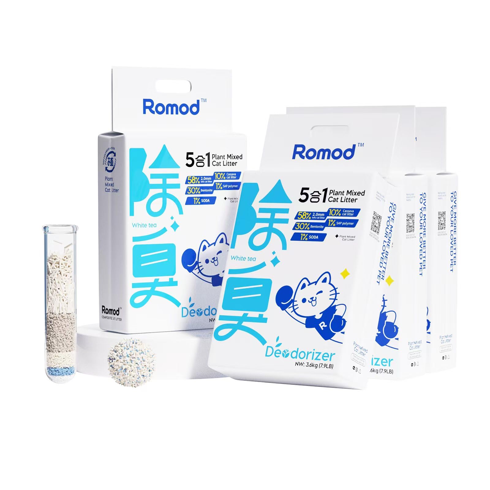 Romod 4Bags tofu litter packaging shown, convenient multi-pack for busy households.