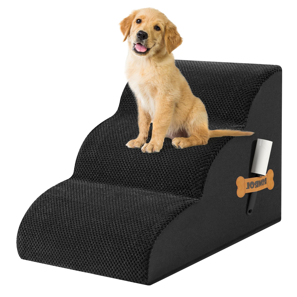 ROMROL dog stairs 3-step 15-inch black front view helps pets reach beds safely
