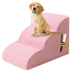 ROMROL dog stairs 3-step pink front view aids safe bed access for small dogs