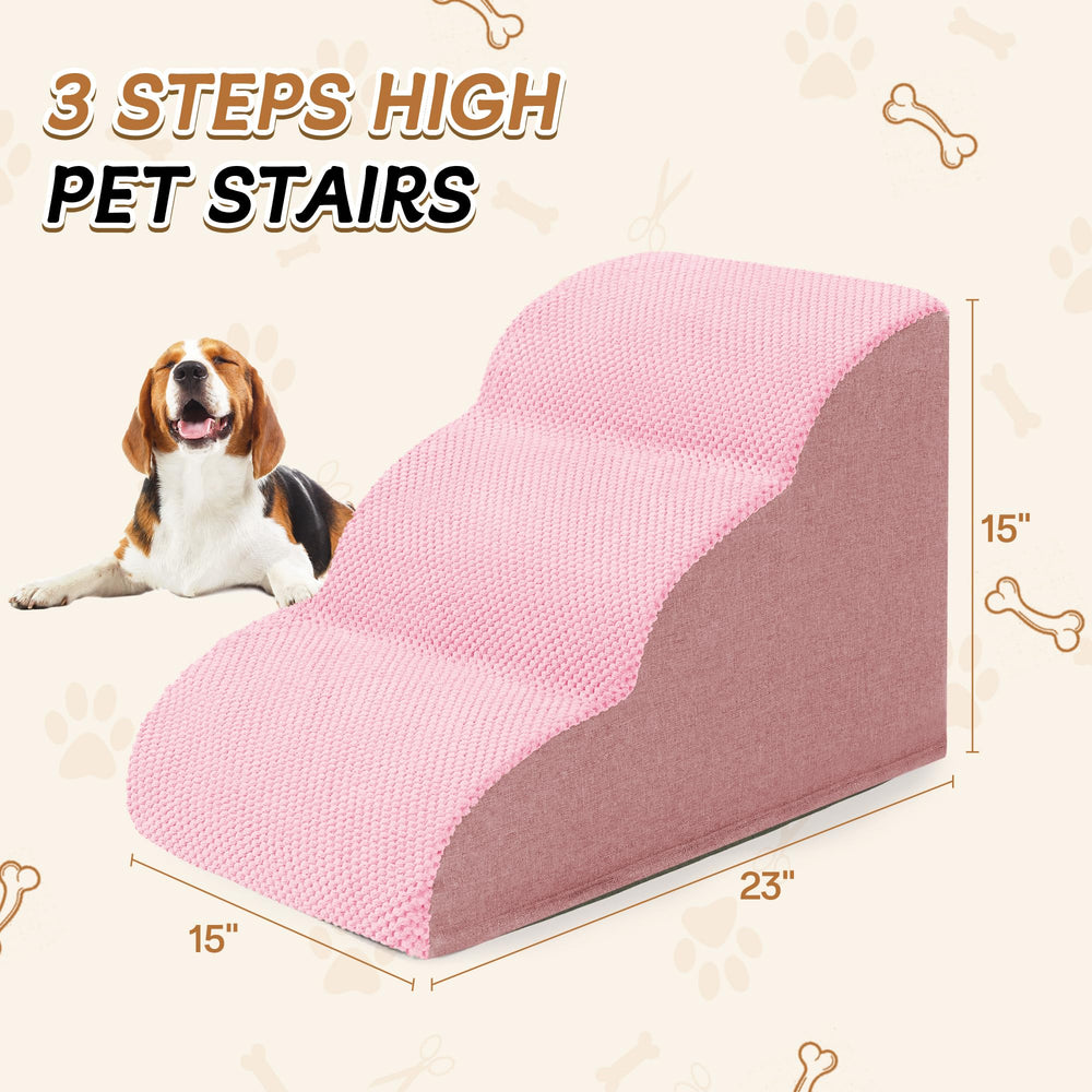 ROMROL dog stairs 3-step pink side view reduces jump impact for pets
