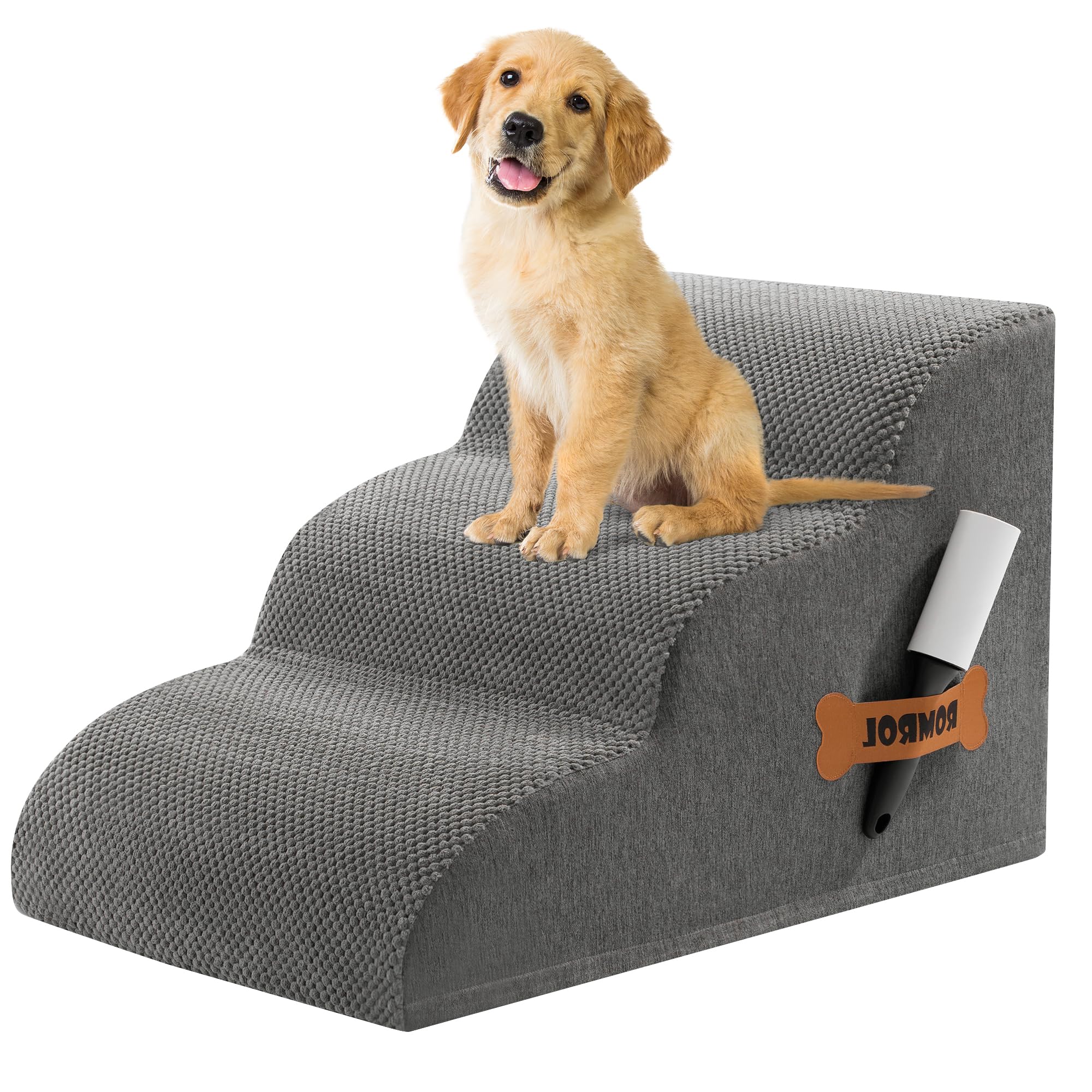 ROMROL dog stairs bed ramp shows 3-tier non-slip design for safe pet access