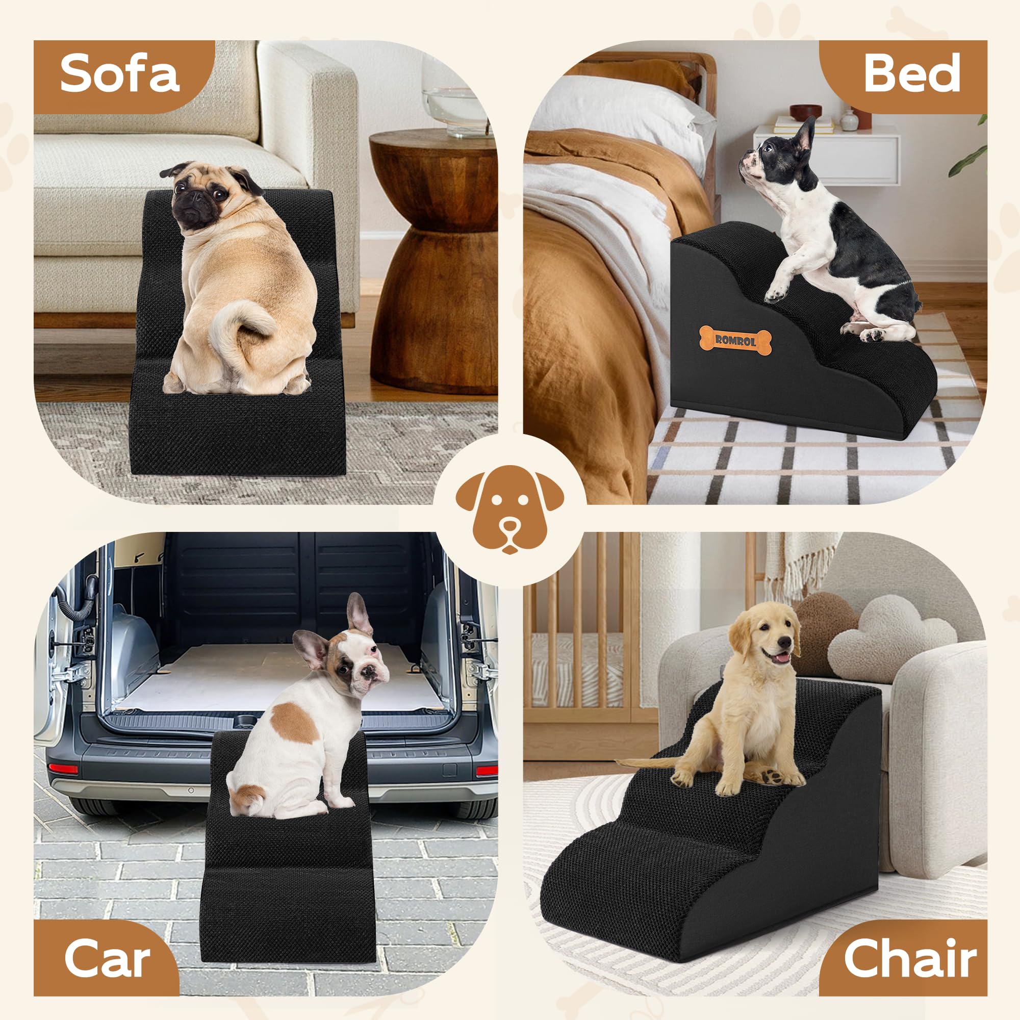 ROMROL dog stairs in a bedroom demonstrates easy bed access for dogs and cats