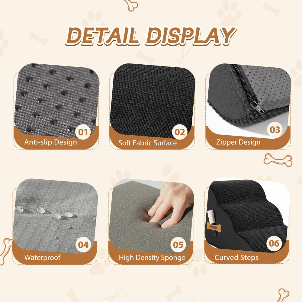 ROMROL dog stairs fabric cover detail emphasizes washable, scratch-resistant fabric
