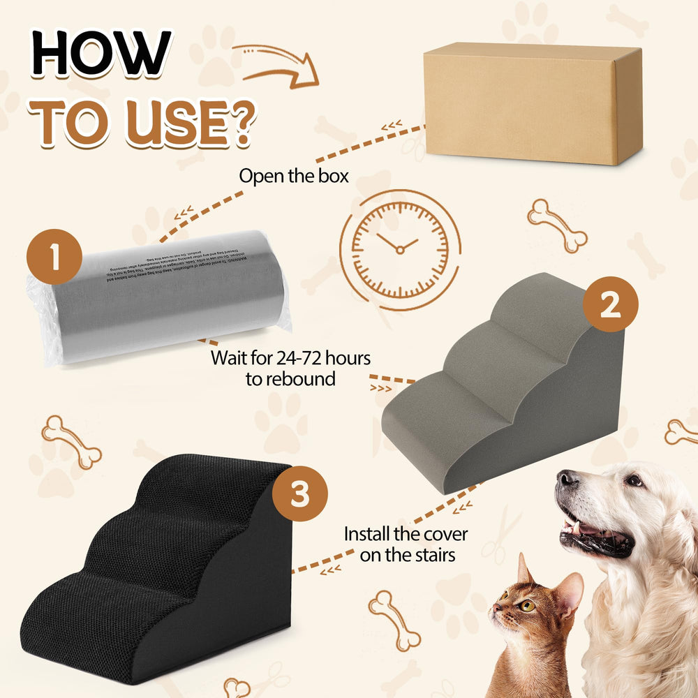 ROMROL dog stairs 3-step front view highlights sturdy foam core and non-slip cover