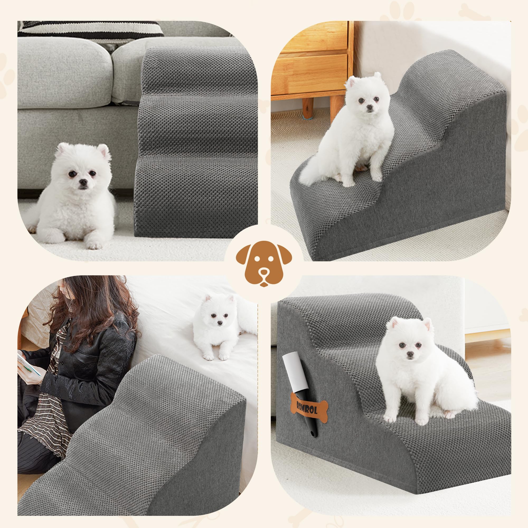 ROMROL dog stairs positioned indoors beside sofa for versatile use