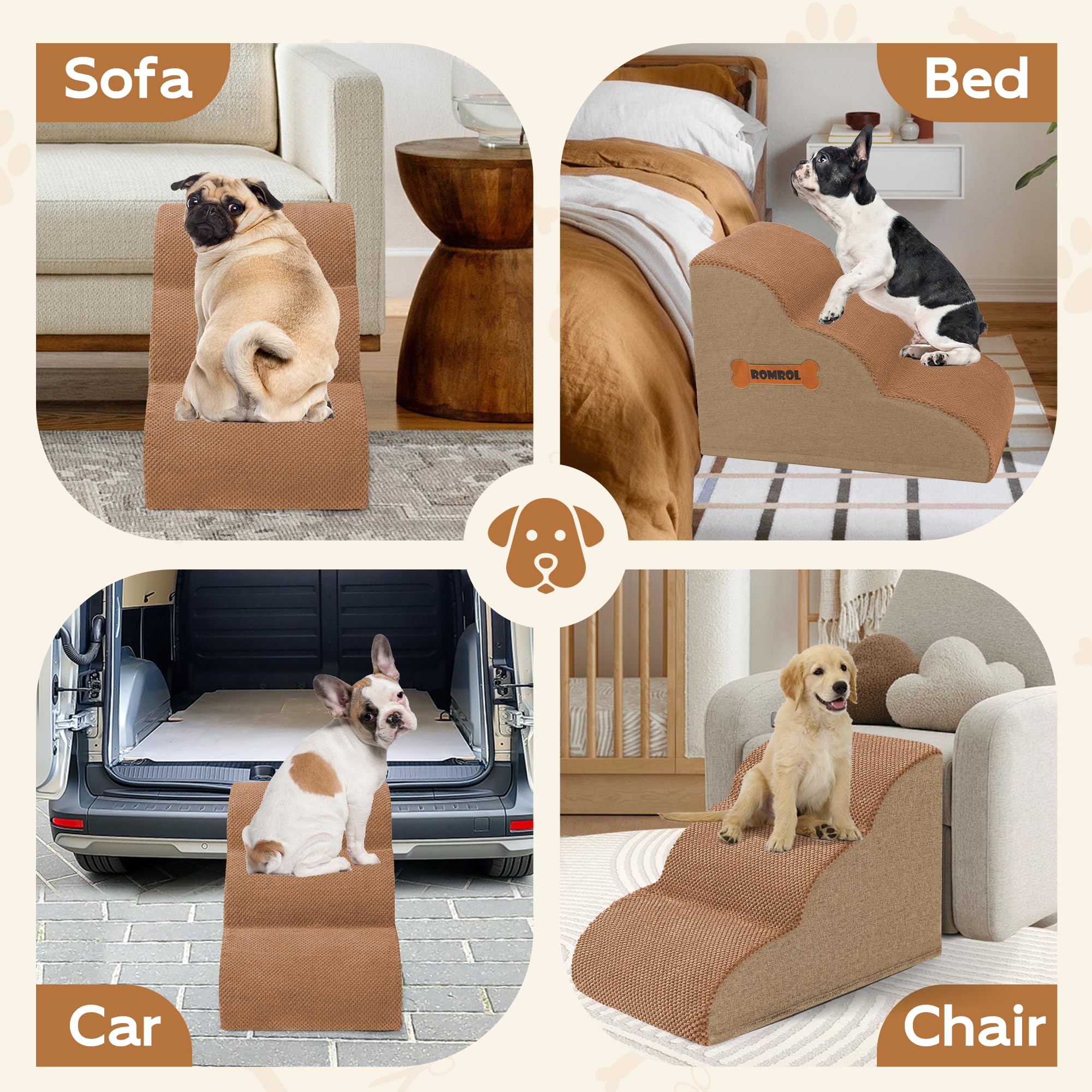 ROMROL dog stairs in use on a chair, aiding pet access to seating