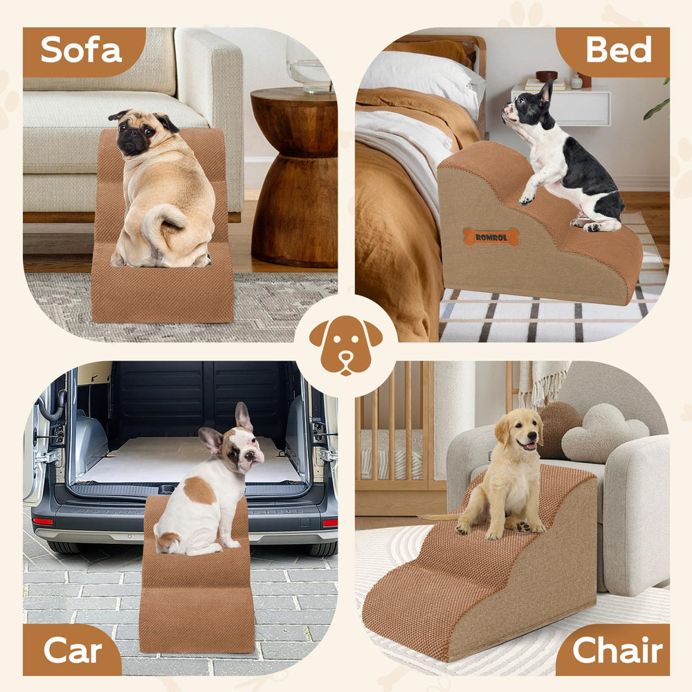 ROMROL dog stairs in use on a chair, aiding pet access to seating