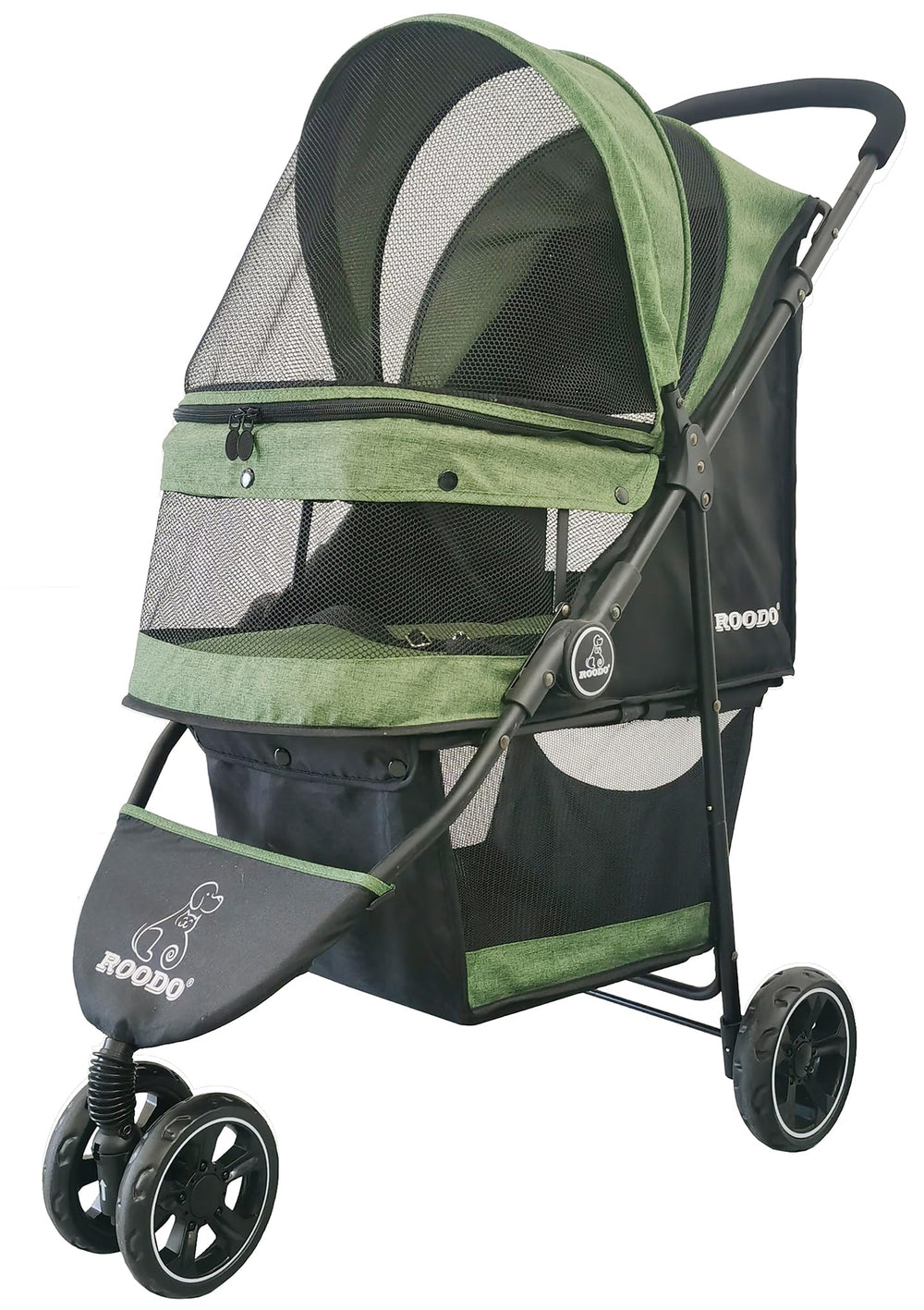 ROODO 3-Wheel Pet Stroller front view showing quick setup and stable ride.
