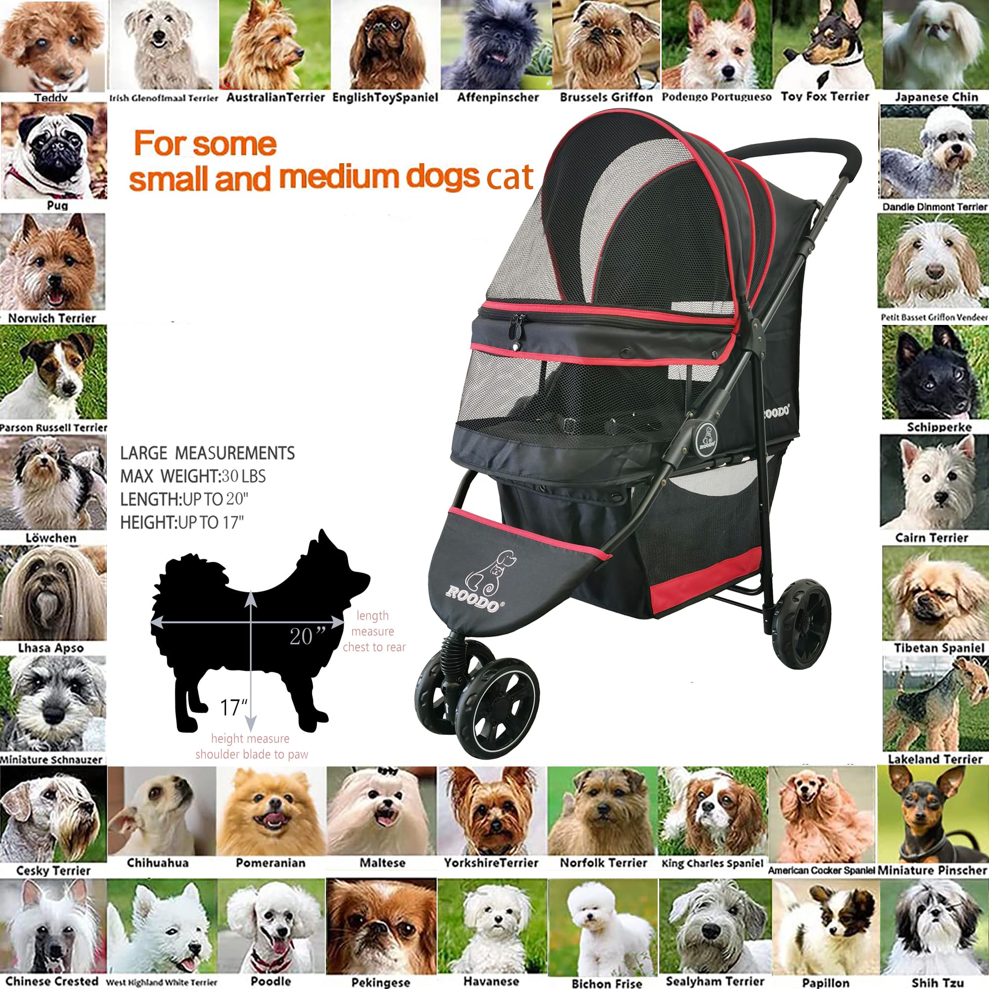 ROODO Escort 3-Wheel Stroller expanded dimensions help plan space at home.