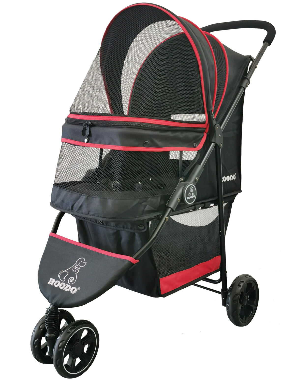 ROODO Escort 3-Wheel Pet Stroller front view shows compact, travel-ready design for pets.