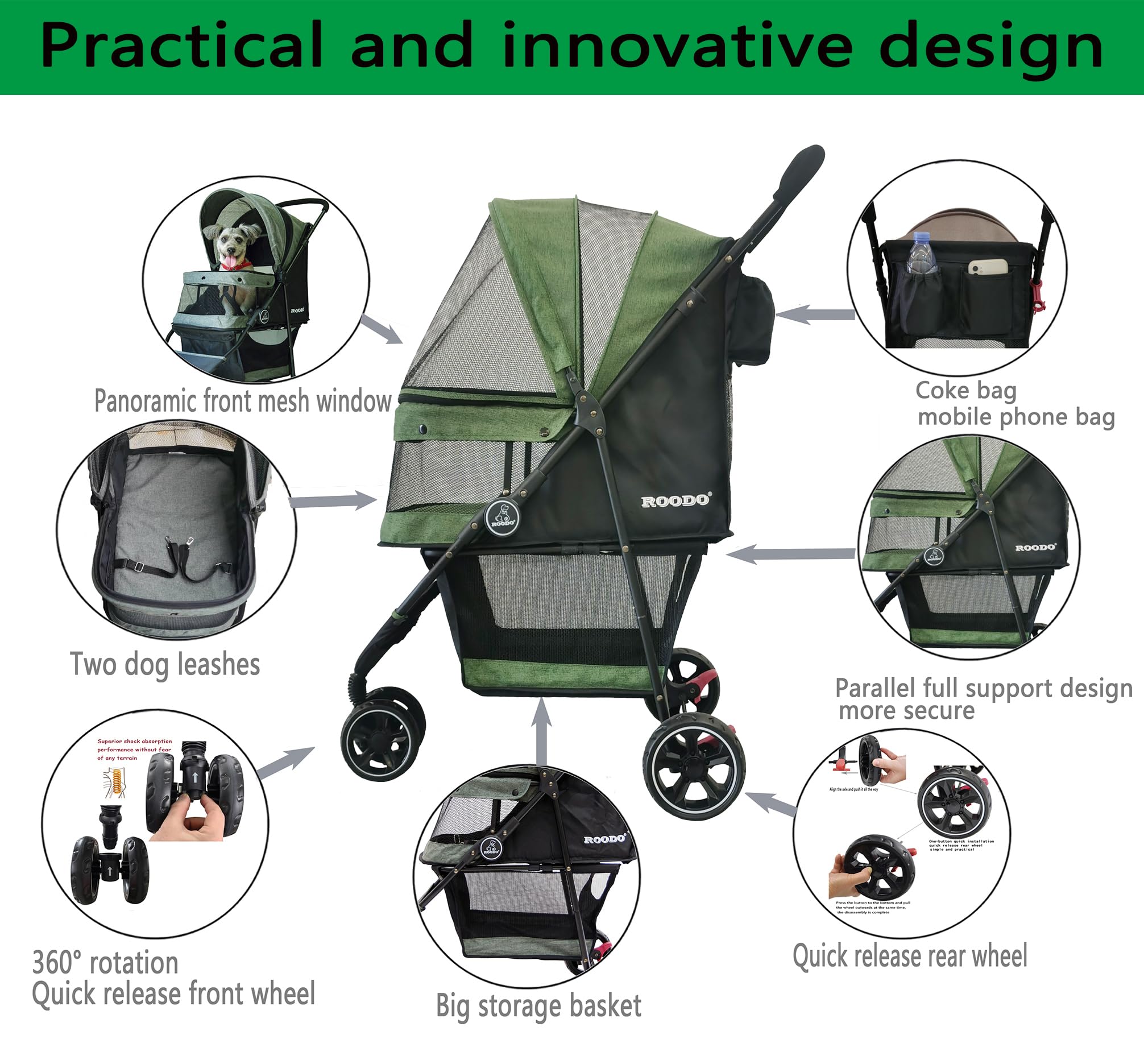 ROODO expanded-size frame demonstrates generous space for small to medium pets.