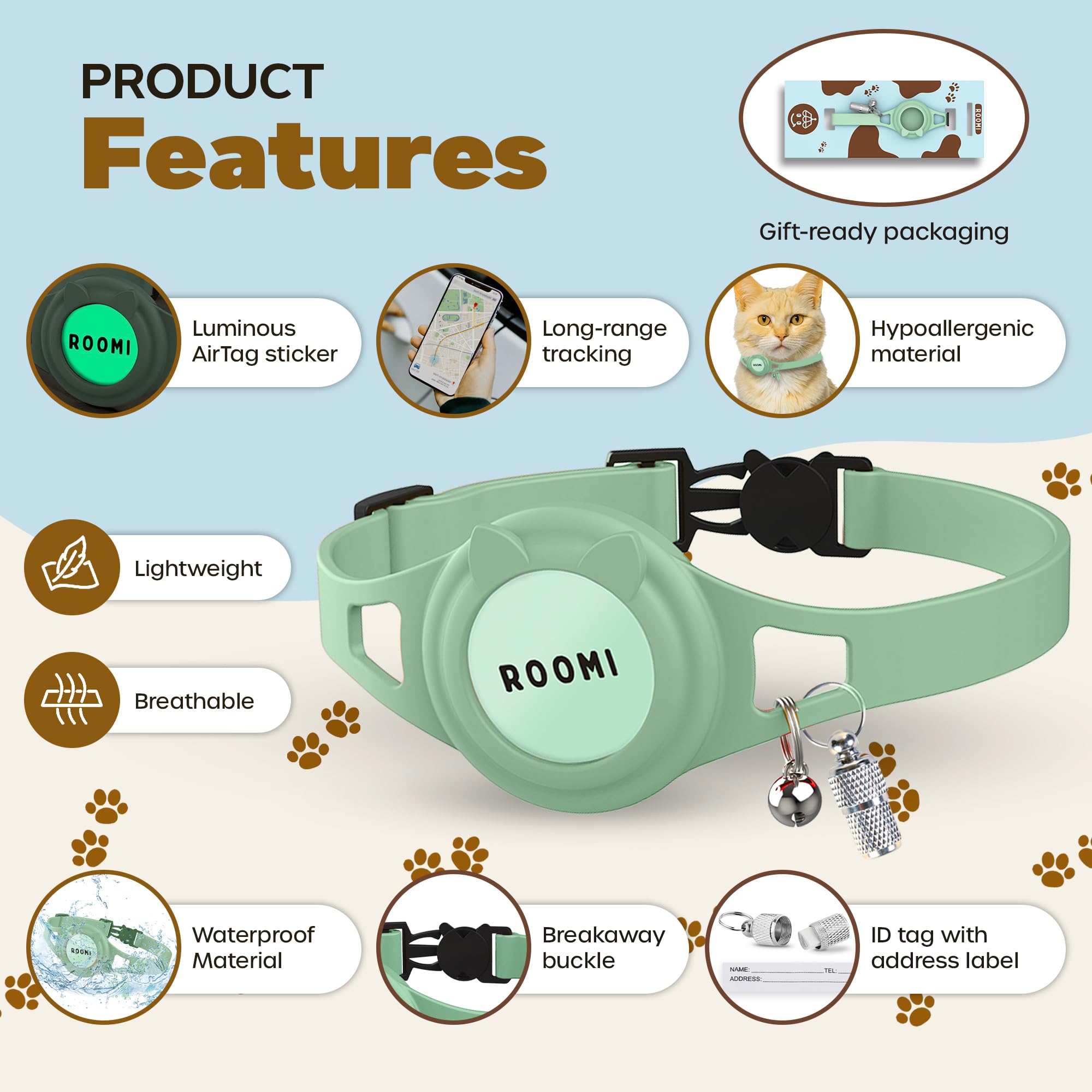 ROOMI collar airtag-holder demonstrates secure Apple AirTag integration for easy tracking.