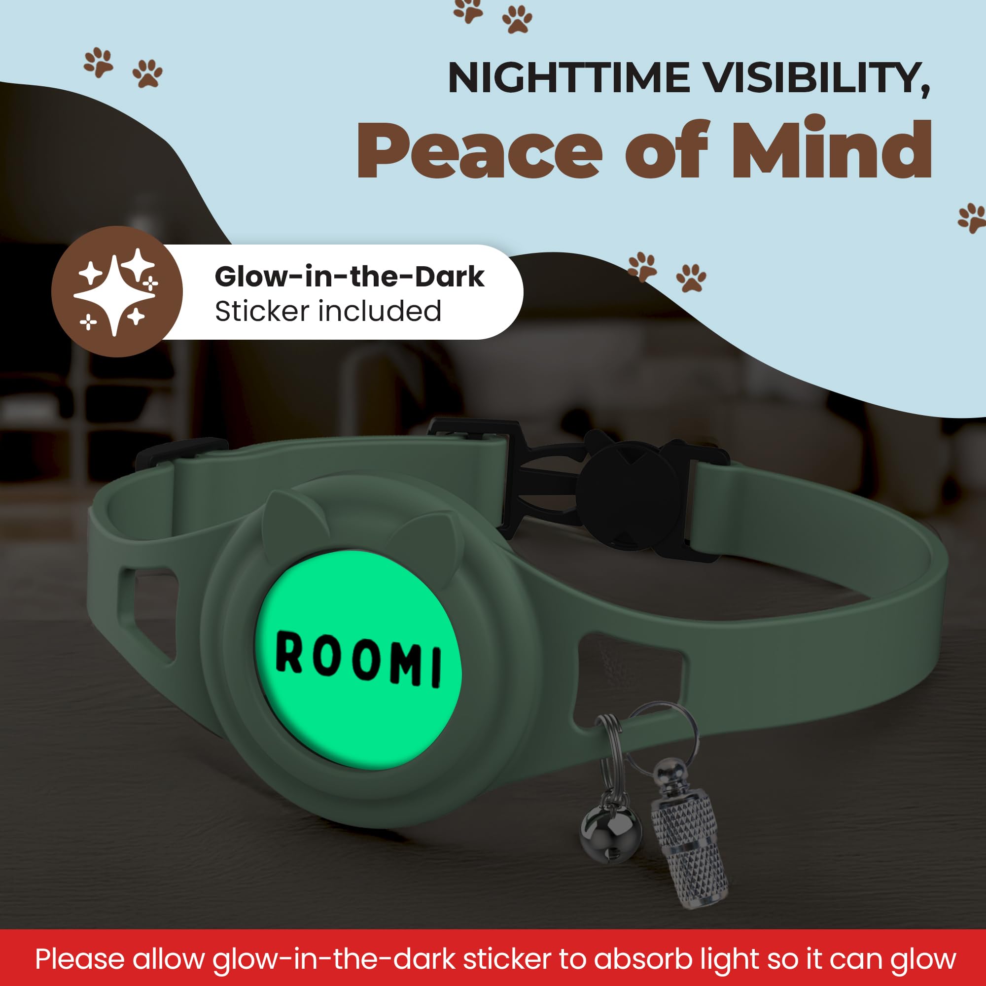ROOMI glow-in-the-dark sticker on collar boosts nighttime visibility for quick spotting.