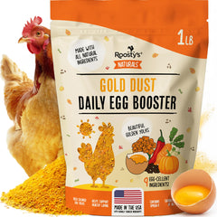 Roosty's Gold Dust jar label highlights an egg booster for vibrant yolks.