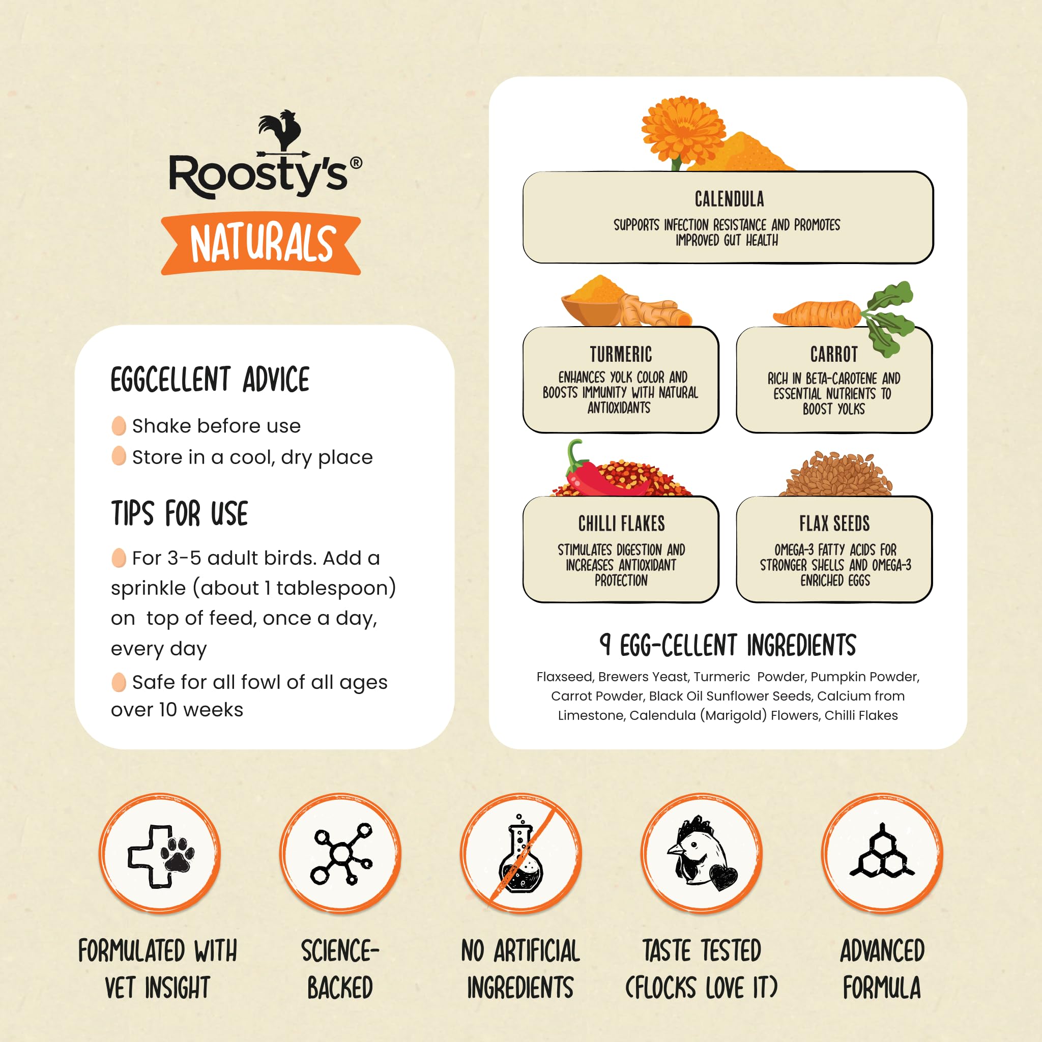 Roosty's Gold Dust image suggests omega-3 enriched eggs for hens.