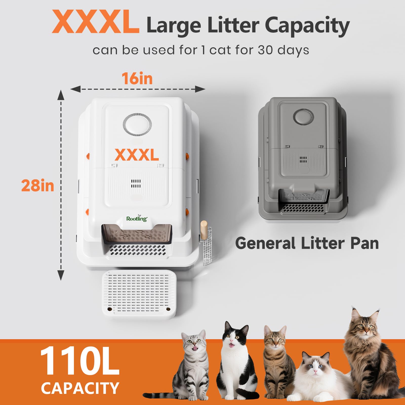 Rootling 28in extra-large cat litter pan offering ample space for multi-pet households.