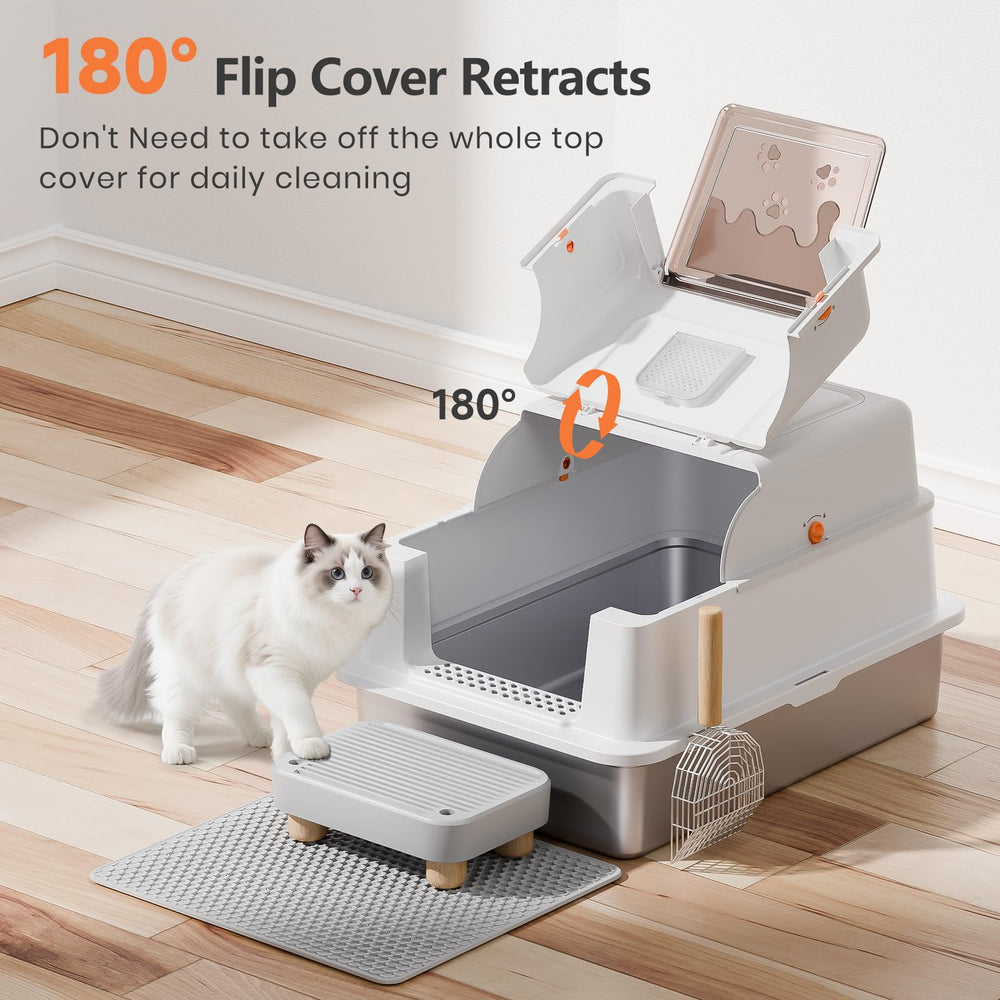 Rootling enclosed metal litter box interior view showcasing durable stainless steel.