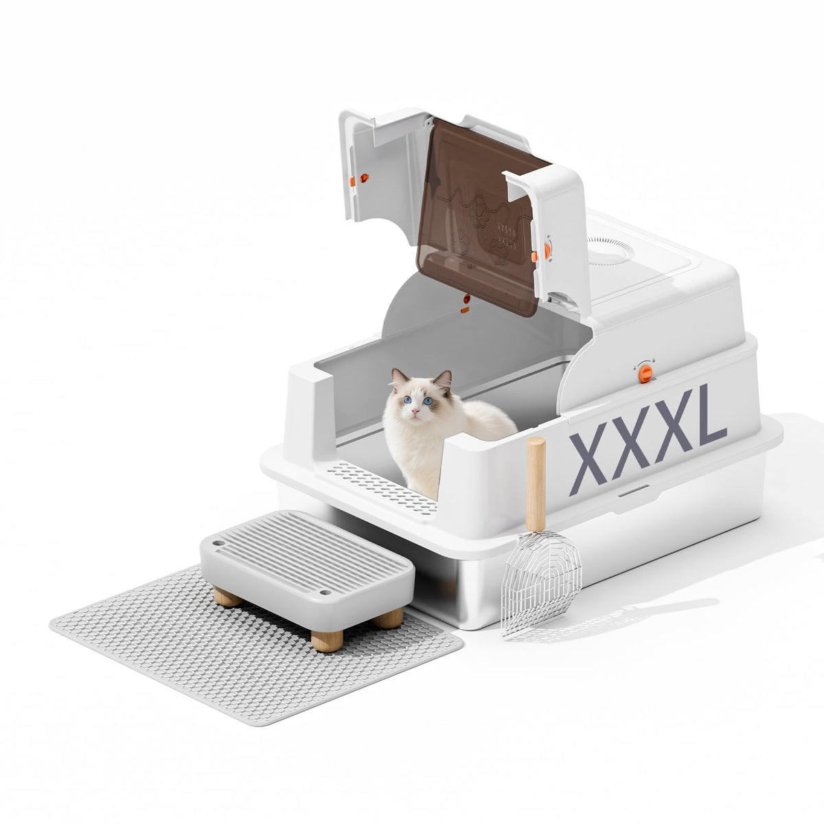 Rootling stainless steel litter box with lid for clean containment and easy disposal.