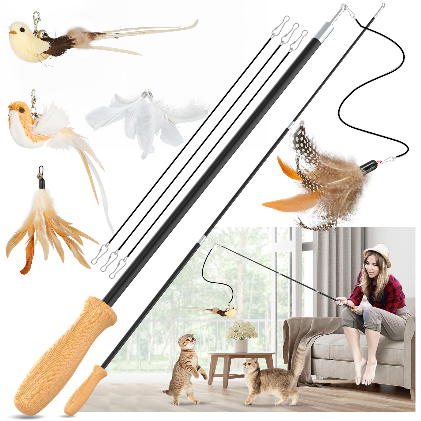 ROSAUI Cat Teaser Wand with wooden handles offers comfortable grip for extended interactive play.