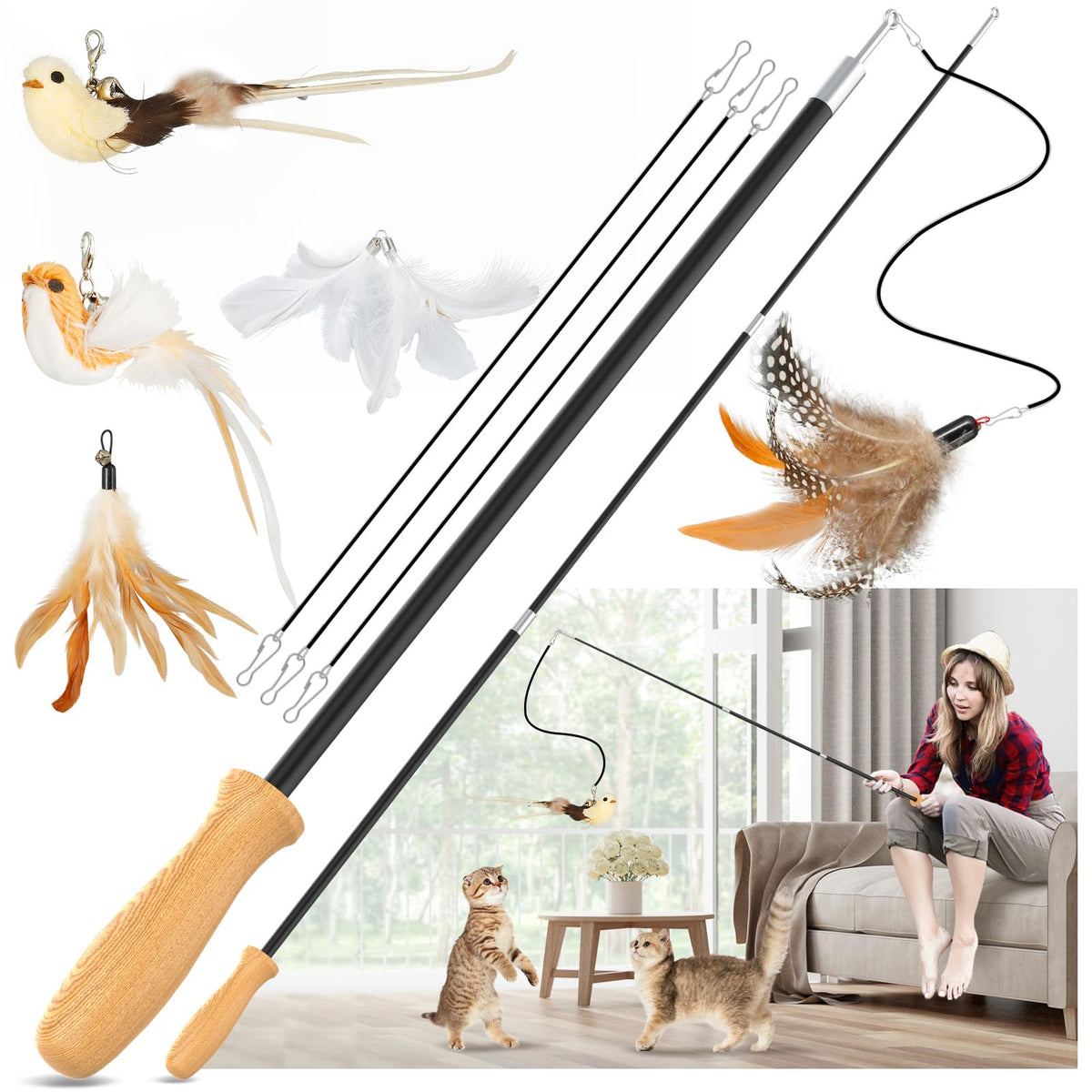 ROSAUI Cat Teaser Wand with wooden handles offers comfortable grip for extended interactive play.