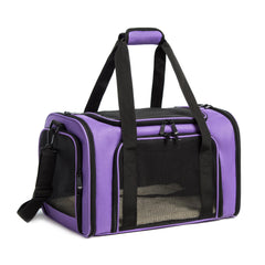 ROSEBB cat carrier purple side view with secure mesh panels for visibility and comfort on trips.
