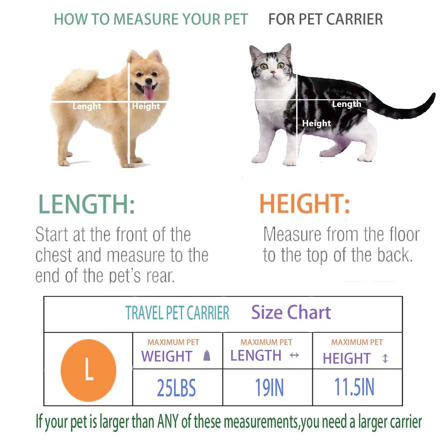 ROSEBB cat carrier measures 20x13x13 inches for pets under 25 lbs