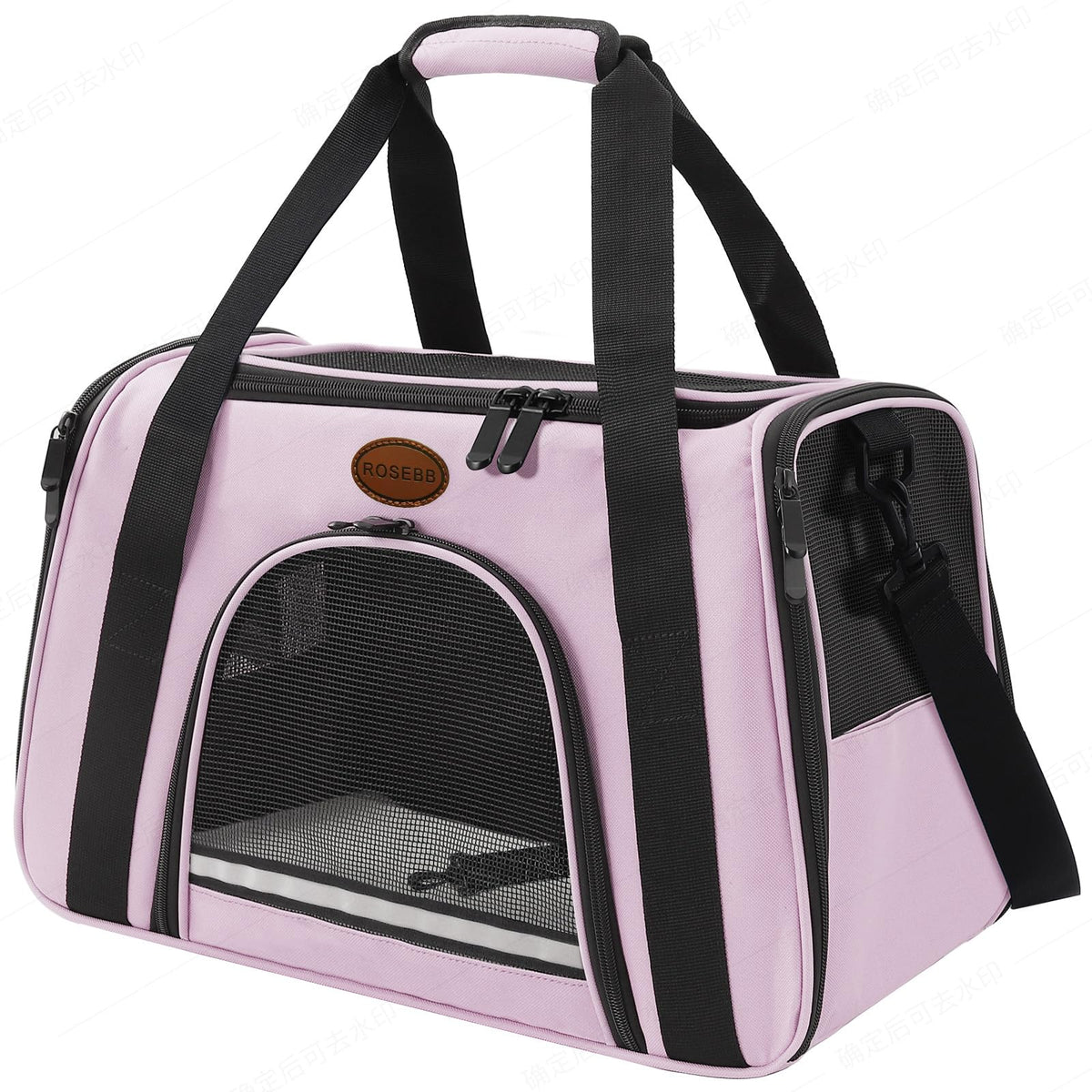 ROSEBB cat carrier pink front view with breathable mesh for comfortable travel.
