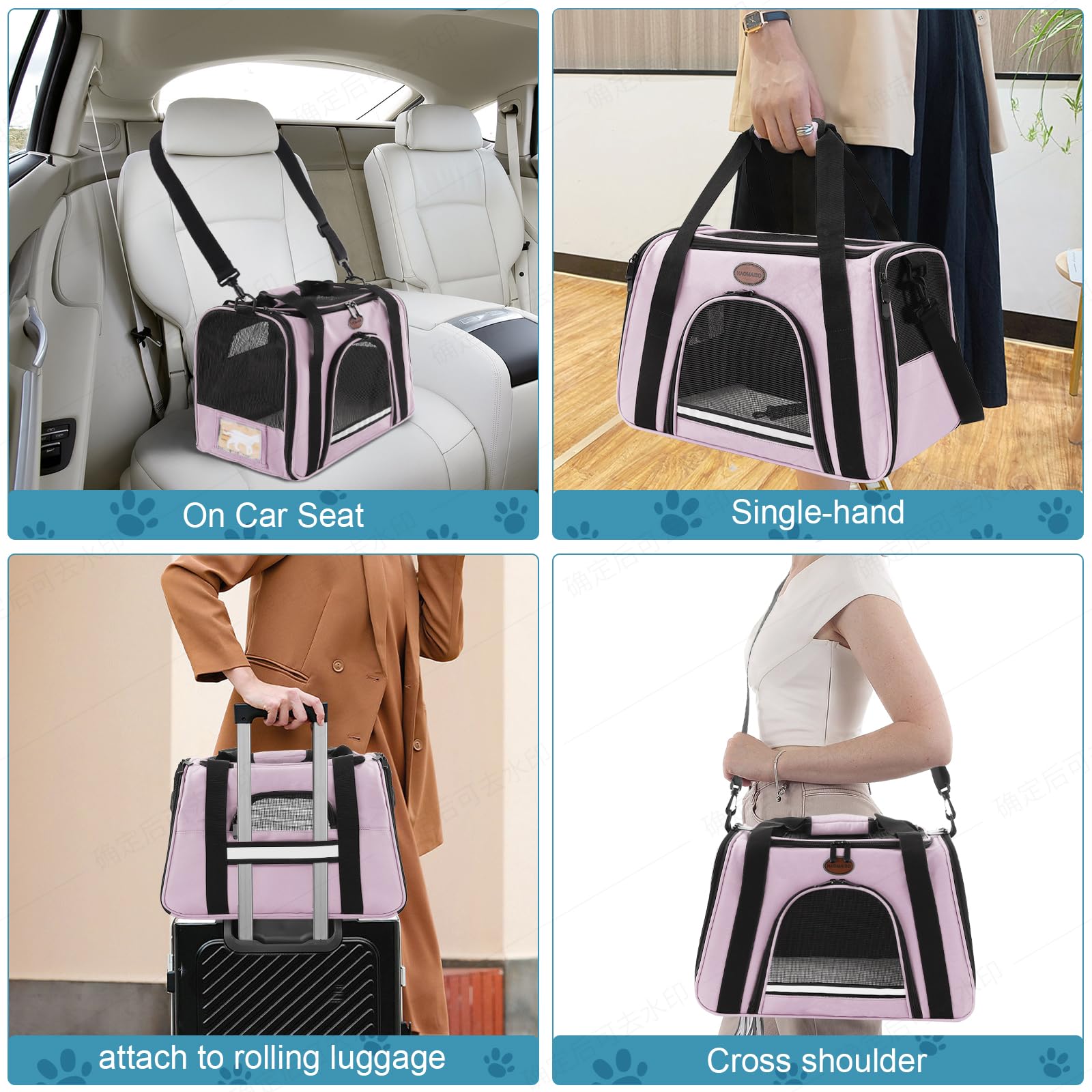 ROSEBB cat carrier pink inside view highlights cozy interior for relaxed rides.
