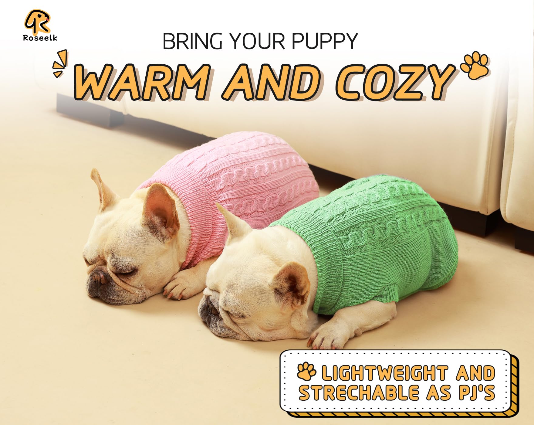 Roseelk dog sweater pink on-dog shot demonstrates warm turtleneck protection.