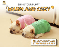 Roseelk dog sweater pink on-dog shot demonstrates warm turtleneck protection.