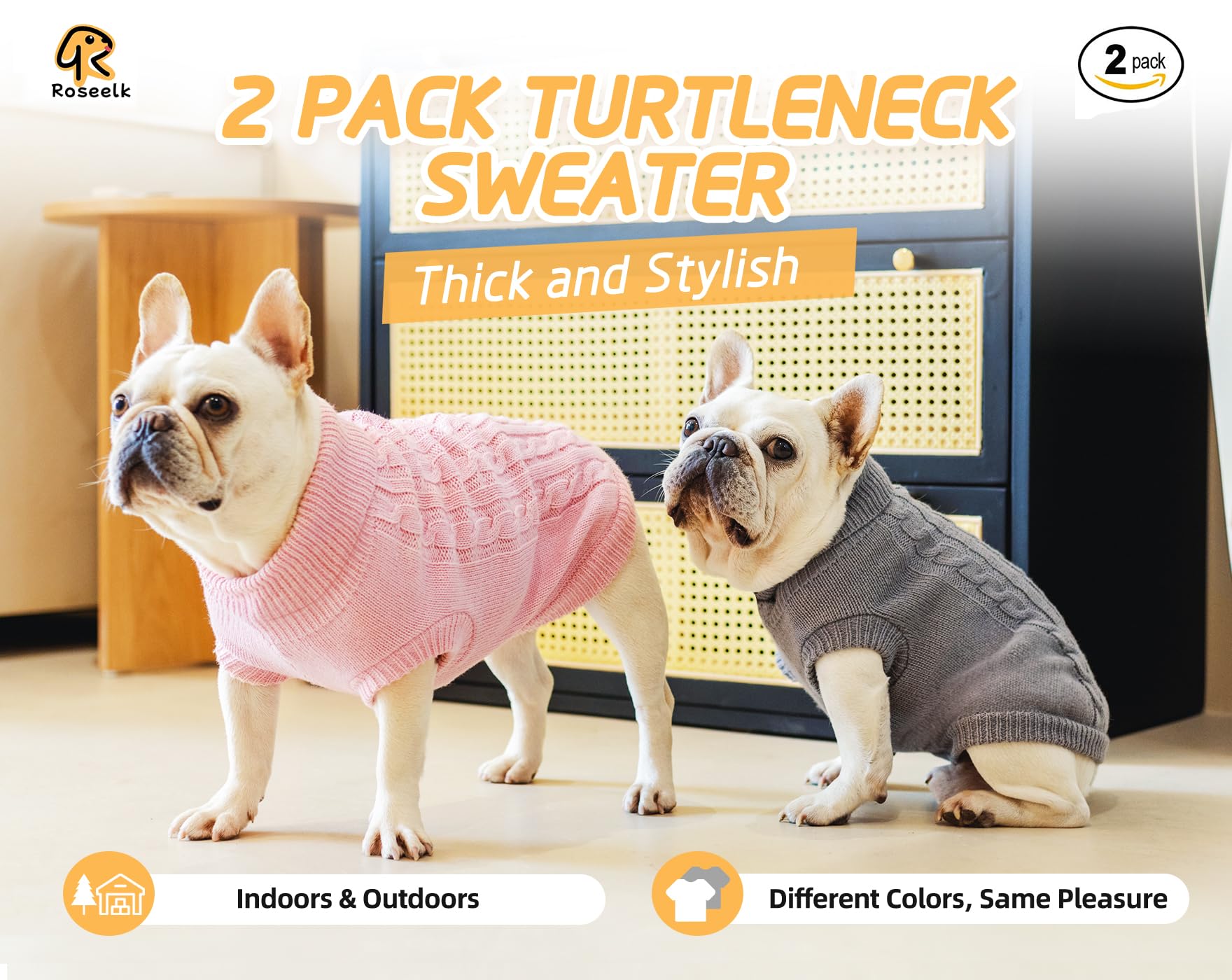 Roseelk two-pack display in grey and pink highlights versatile winter outfits for small pets.